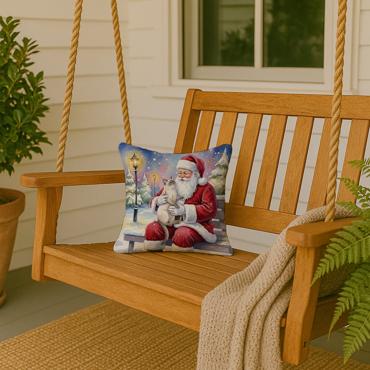 Lilac Point Cat with Santa Claus Decorative Throw Pillow 14x14 Indoor Outdoor Accent Cushion, Fabric Cover with Insert for Sofa, Bed, Porch & Living Room