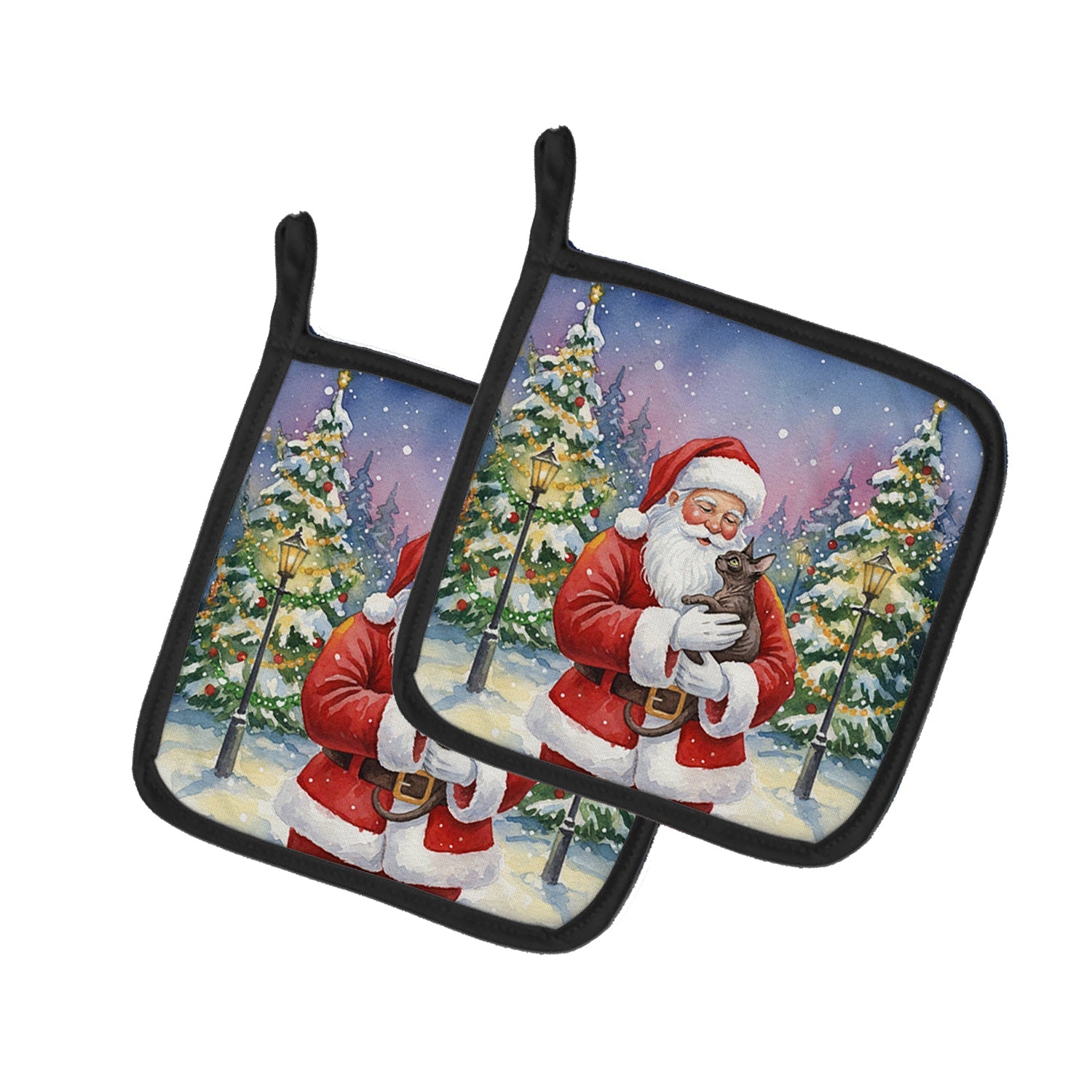 Lykoi Cat with Santa Claus Pot Holder Set of 2 Heat Resistant Quilted Hot Pads 7.5 x 7.5 Inch, Insulated Kitchen Trivets for Cooking & Baking