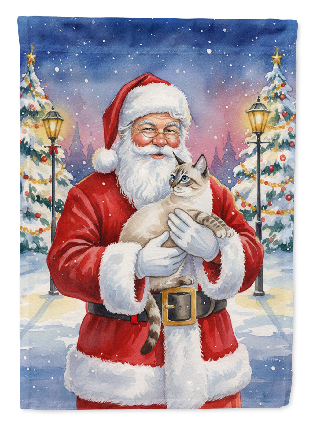 Lynx Point Cat with Santa Claus House Flag 28x40 Porch Sleeve Pole Decorative Outside Yard Banner Artwork Wall Hanging, Polyester