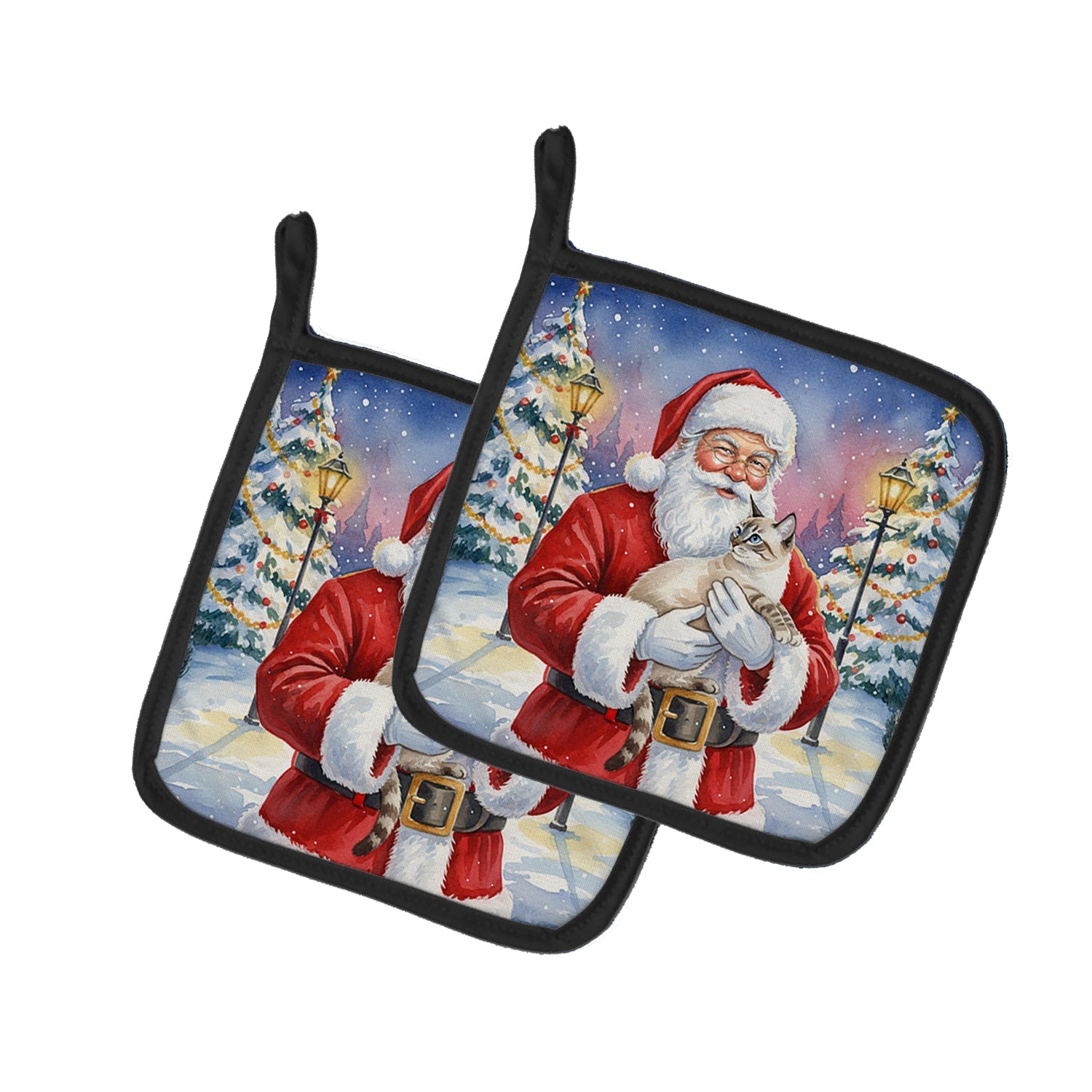 Lynx Point Cat with Santa Claus Pot Holder Set of 2 Heat Resistant Quilted Hot Pads 7.5 x 7.5 Inch, Insulated Kitchen Trivets for Cooking & Baking