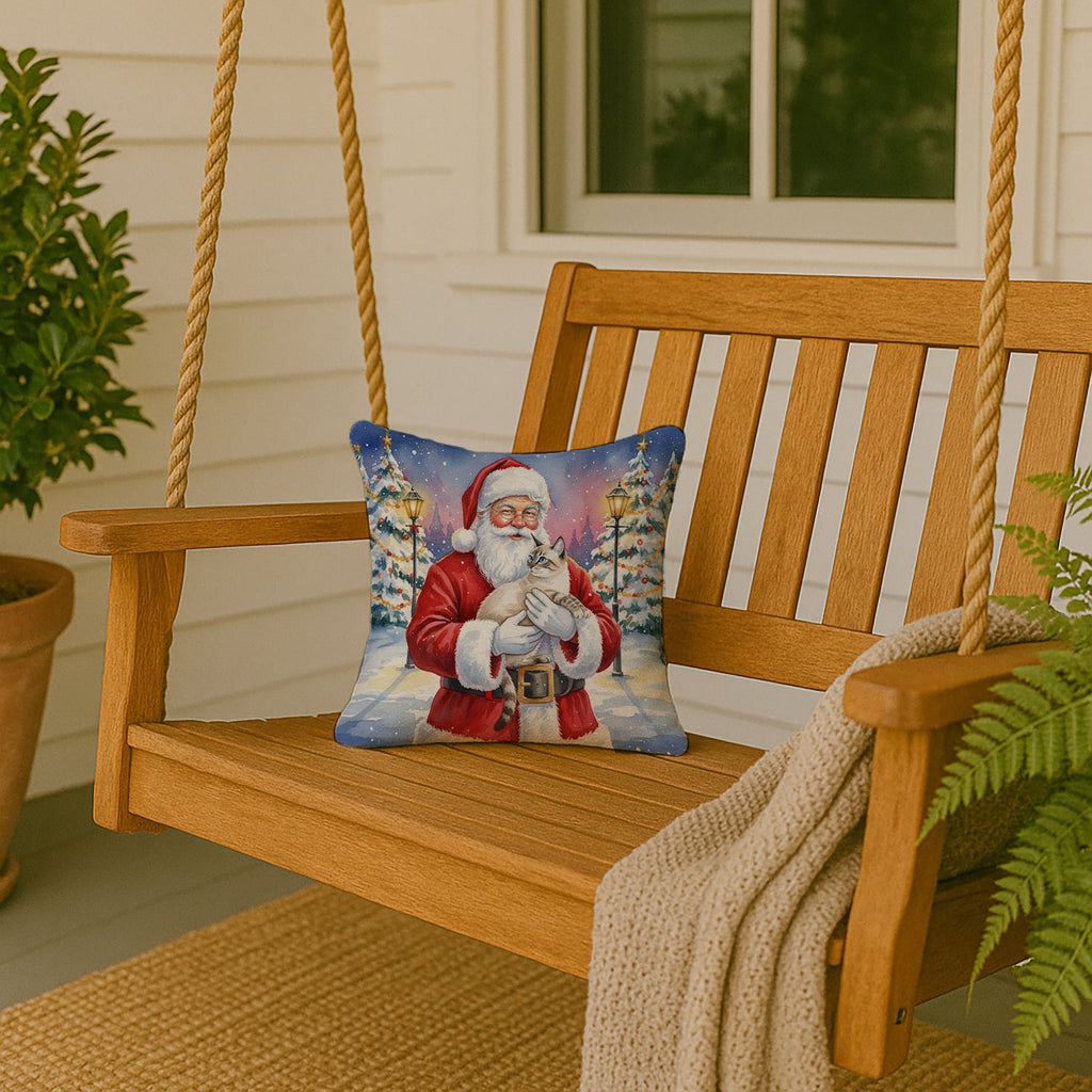 Lynx Point Cat with Santa Claus Decorative Throw Pillow 14x14 Indoor Outdoor Accent Cushion, Fabric Cover with Insert for Sofa, Bed, Porch & Living Room