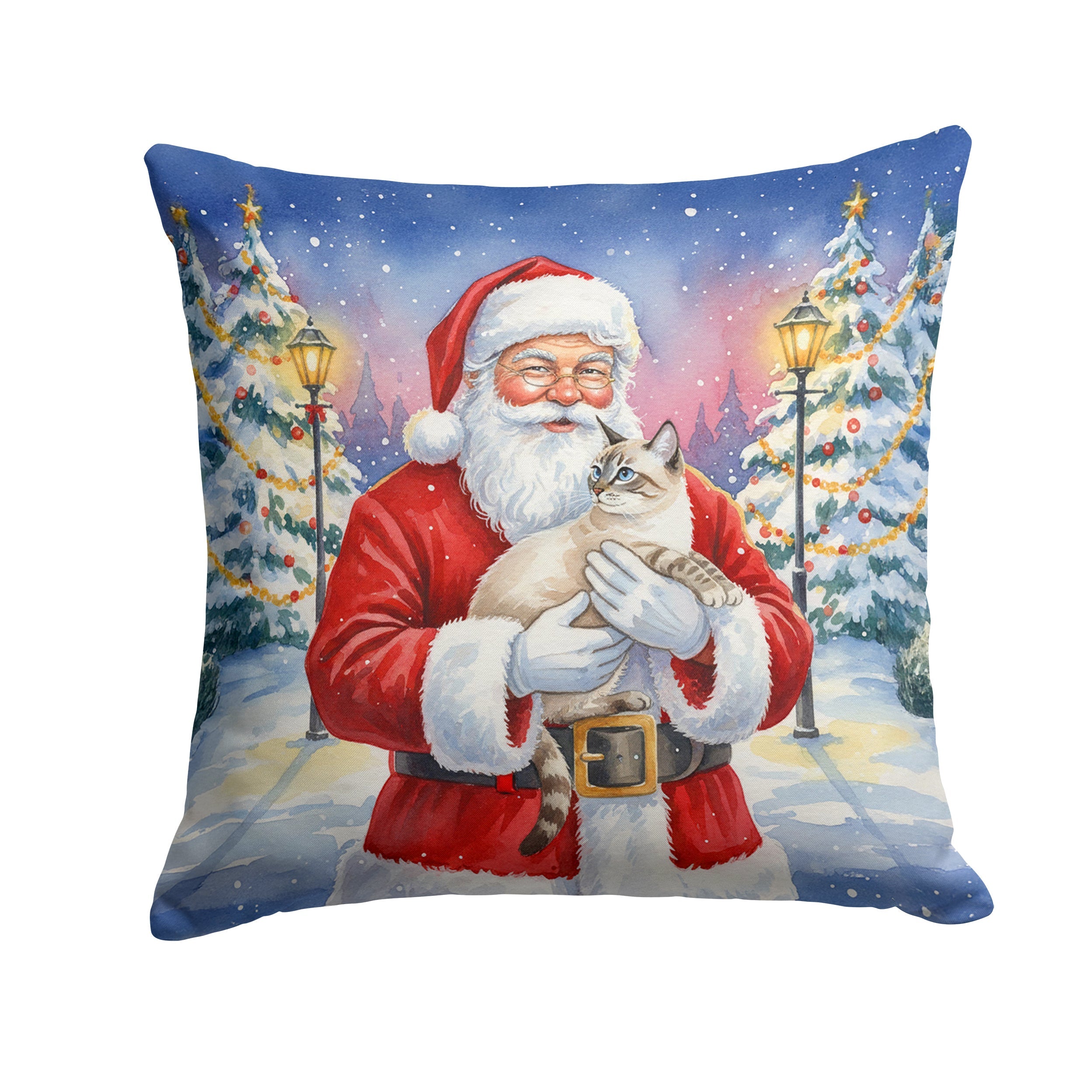 Lynx Point Cat with Santa Claus Decorative Throw Pillow 18x18 Indoor Outdoor Accent Cushion, Fabric Cover with Insert for Sofa, Bed, Porch & Living Room