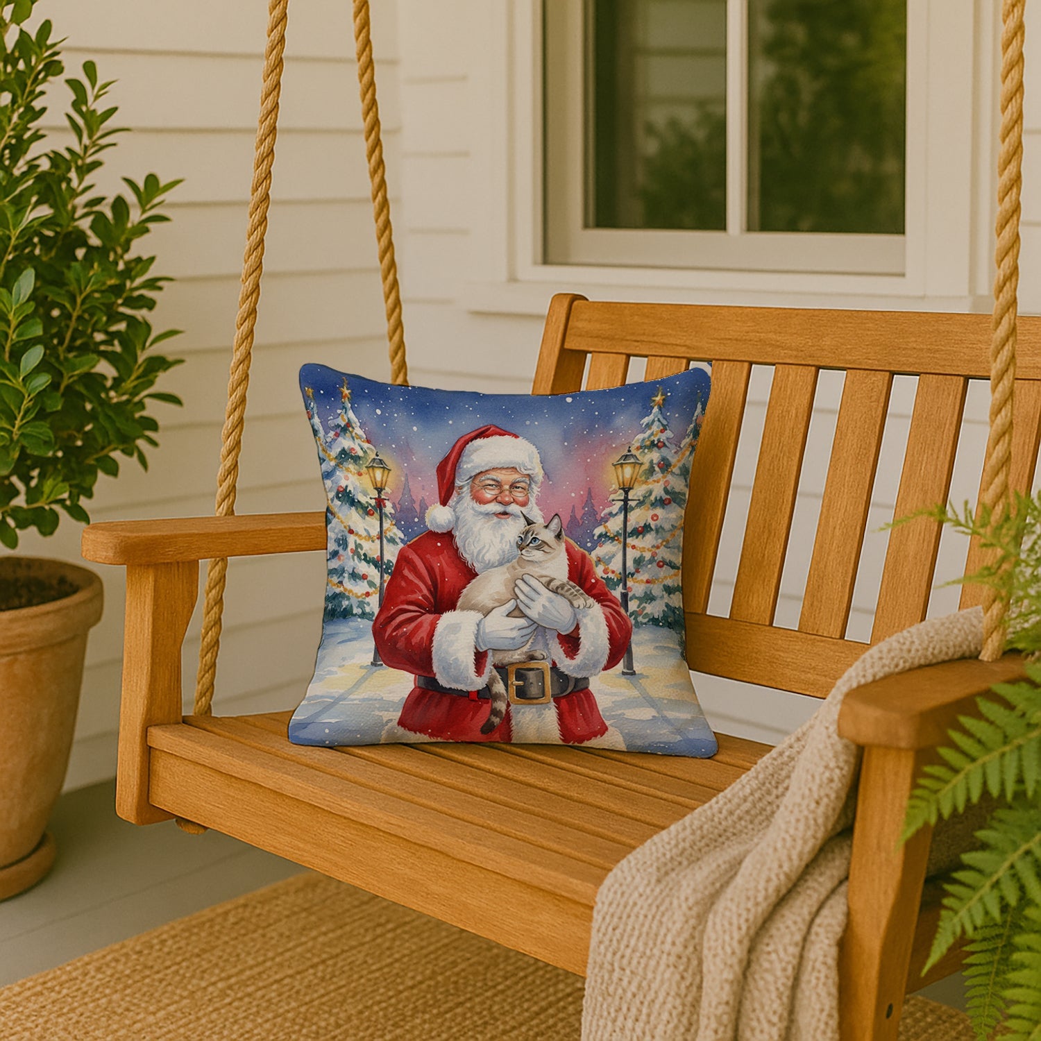 Lynx Point Cat with Santa Claus Decorative Throw Pillow 18x18 Indoor Outdoor Accent Cushion, Fabric Cover with Insert for Sofa, Bed, Porch & Living Room