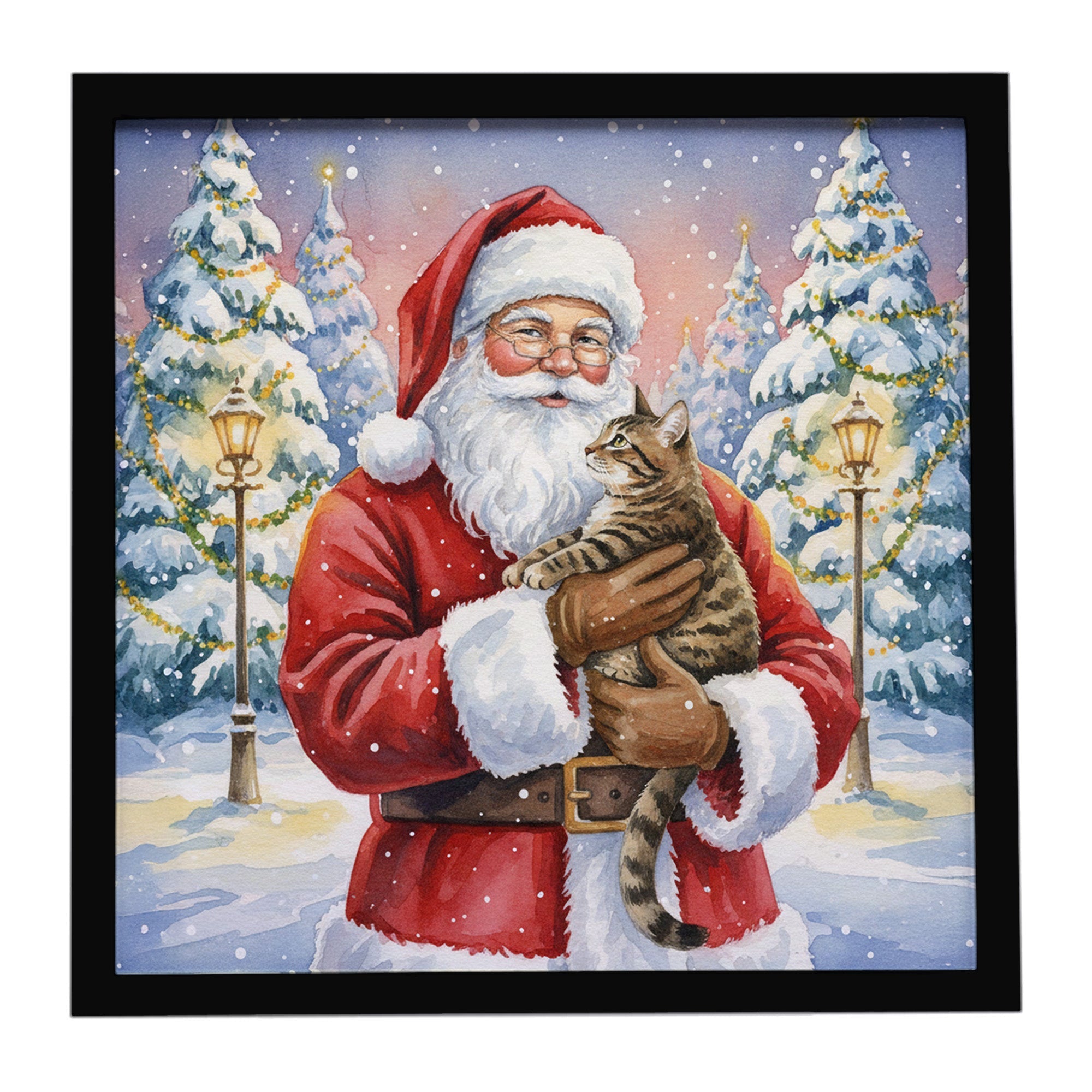 Mackerel Tabby Brown Cat with Santa Claus Framed Metal Print Bathroom, Kitchen, Office, Home Decor Wall Art Ready to Hang, Square, 8X8