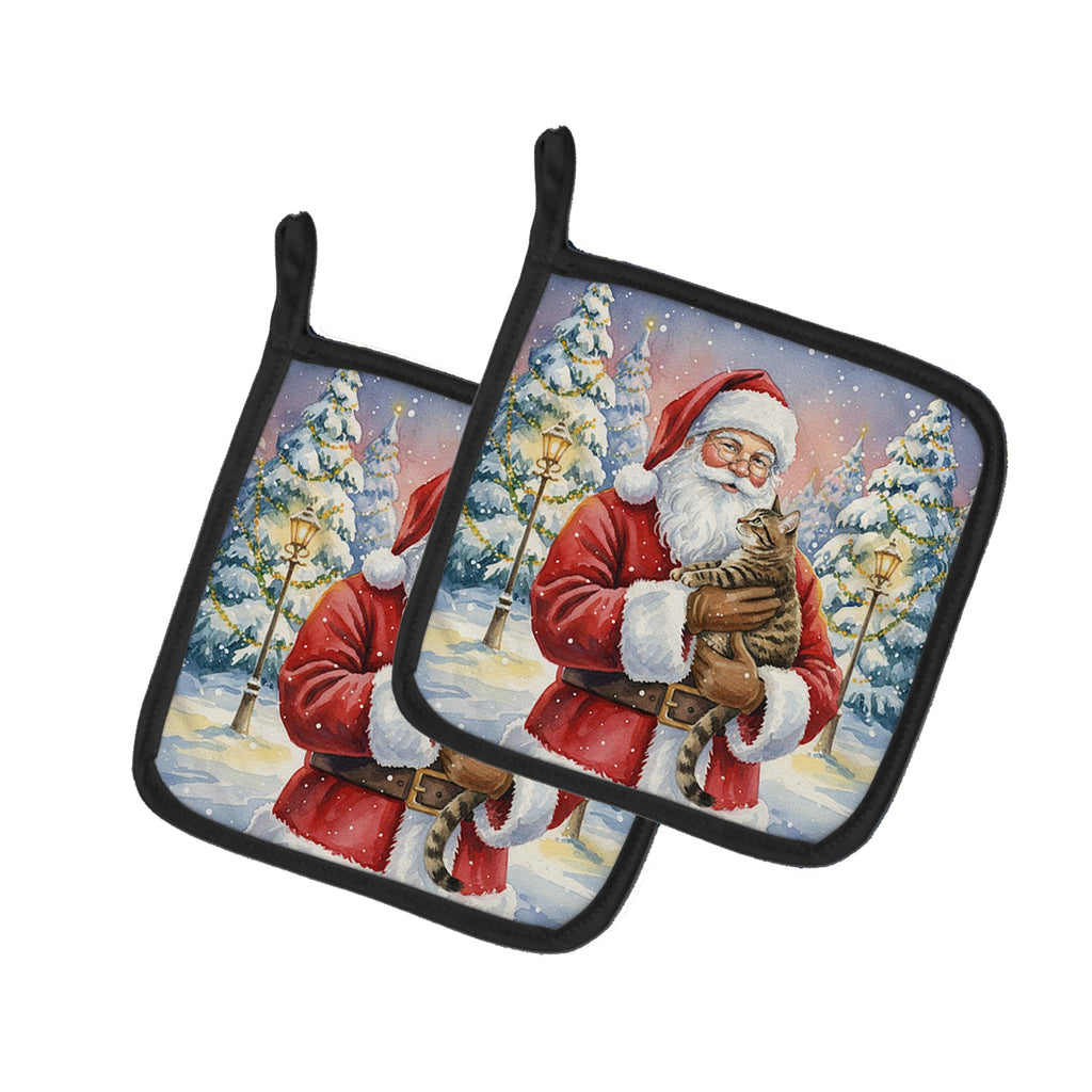Mackerel Tabby Brown Cat with Santa Claus Pot Holder Set of 2 Heat Resistant Quilted Hot Pads 7.5 x 7.5 Inch, Insulated Kitchen Trivets for Cooking & Baking