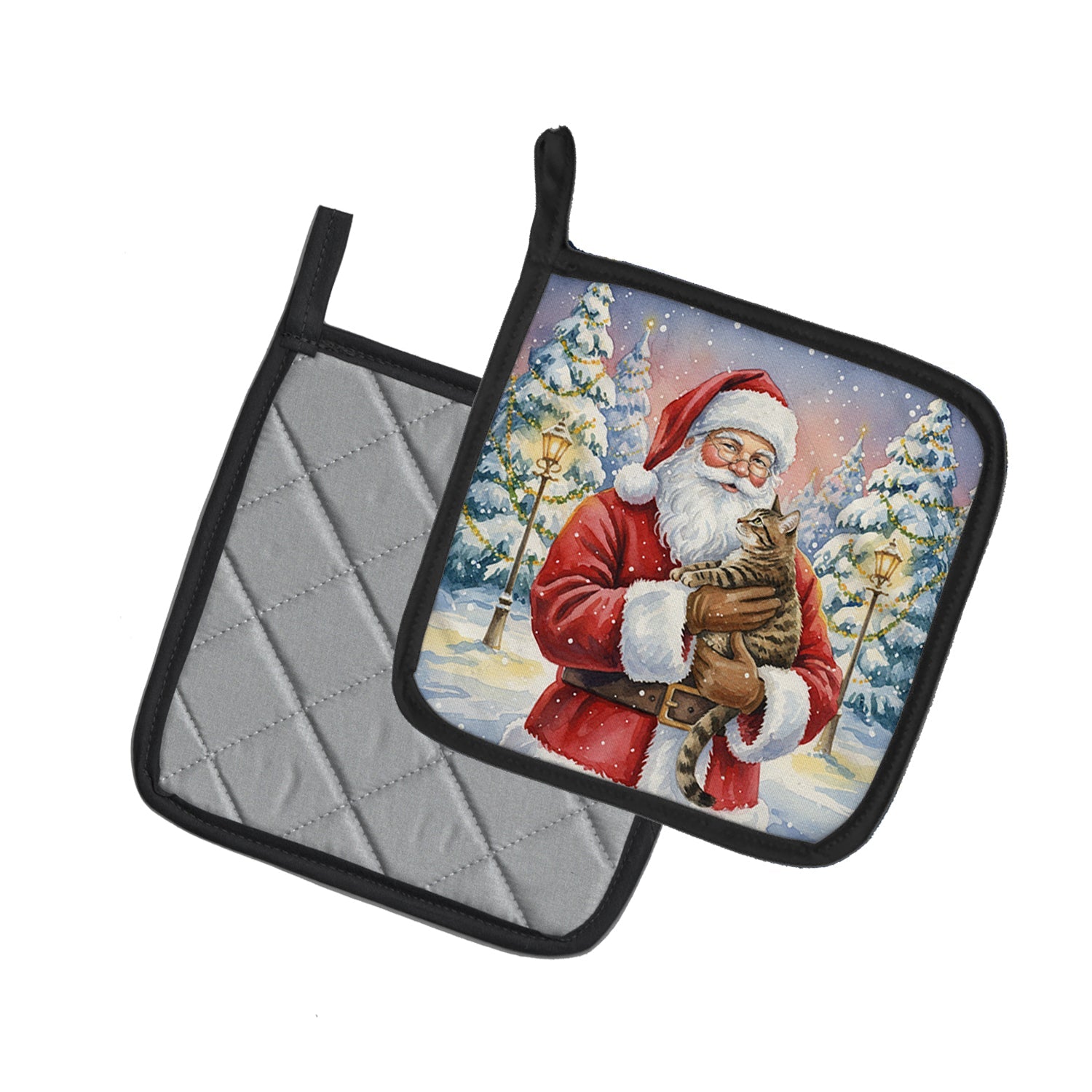 Mackerel Tabby Brown Cat with Santa Claus Pot Holder Set of 2 Heat Resistant Quilted Hot Pads 7.5 x 7.5 Inch, Insulated Kitchen Trivets for Cooking & Baking