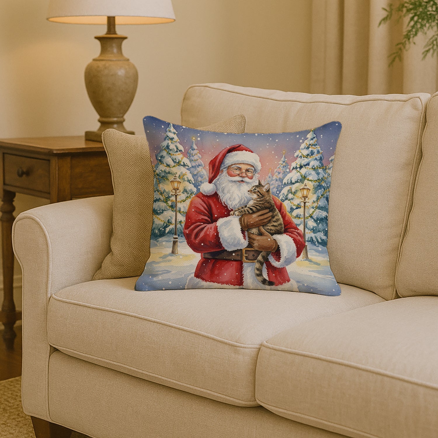 Mackerel Tabby Brown Cat with Santa Claus Decorative Throw Pillow 14x14 Indoor Outdoor Accent Cushion, Fabric Cover with Insert for Sofa, Bed, Porch & Living Room
