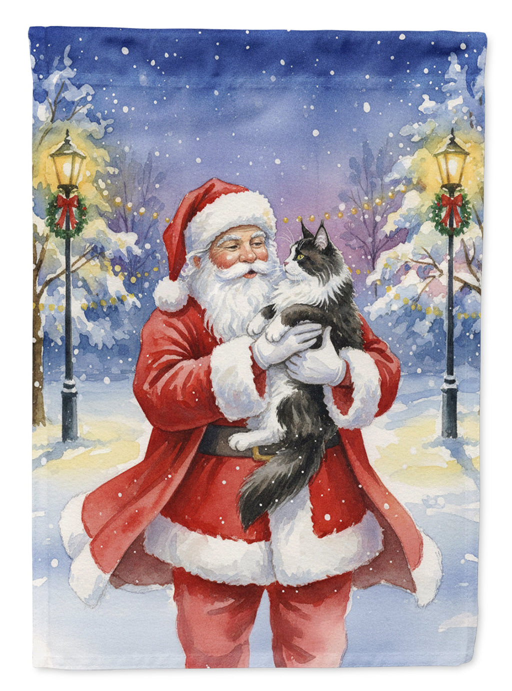 MaineCoon Black & White Cat with Santa Claus House Flag 28x40 Porch Sleeve Pole Decorative Outside Yard Banner Artwork Wall Hanging, Polyester