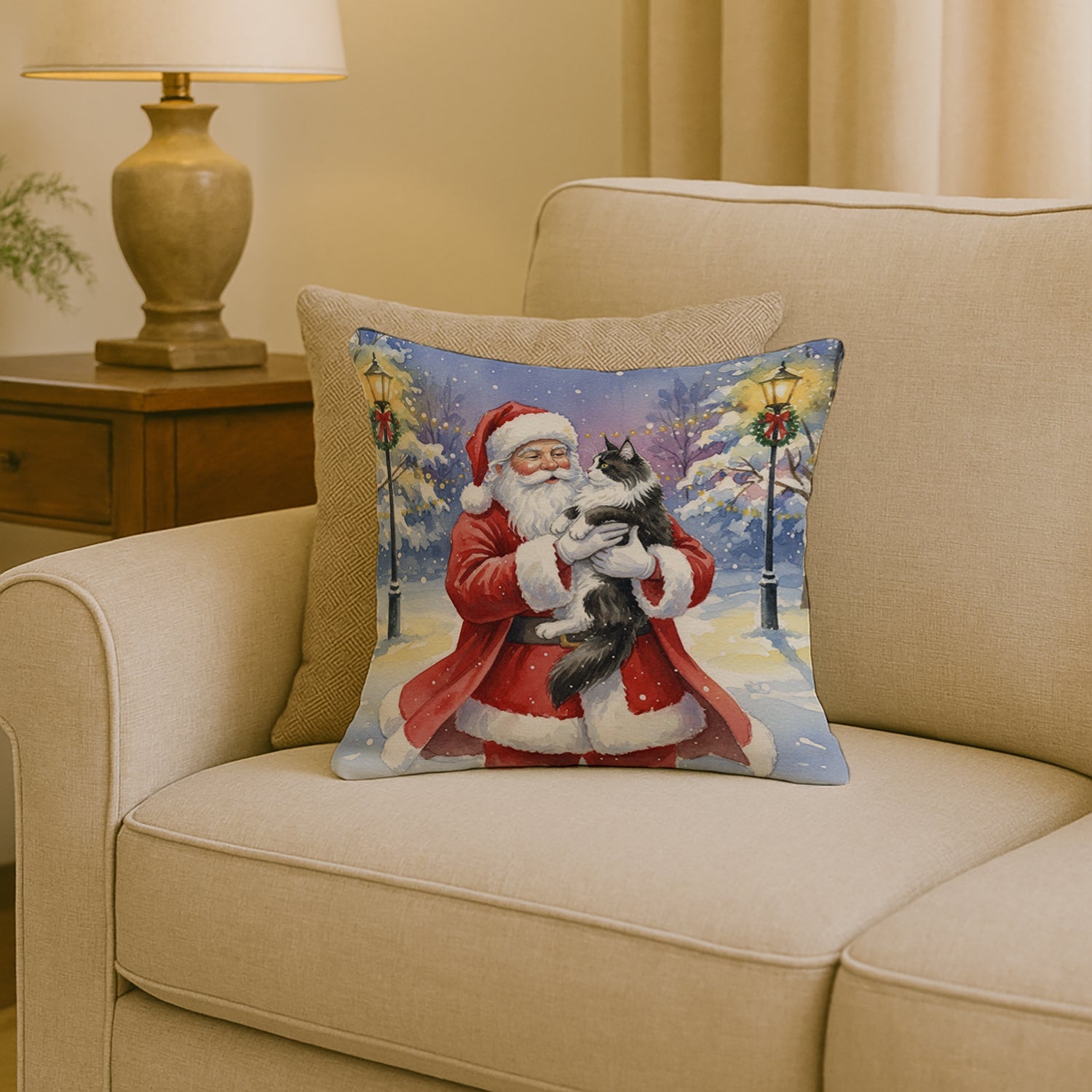 MaineCoon Black & White Cat with Santa Claus Decorative Throw Pillow 18x18 Indoor Outdoor Accent Cushion, Fabric Cover with Insert for Sofa, Bed, Porch & Living Room