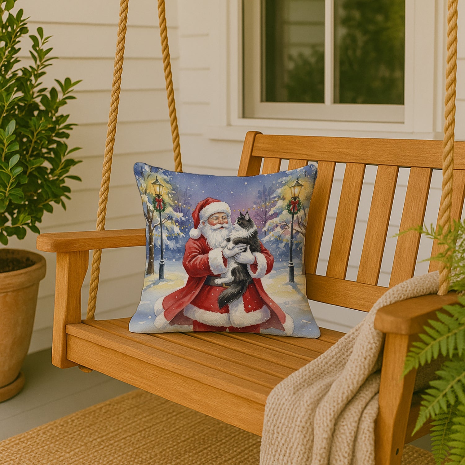 MaineCoon Black & White Cat with Santa Claus Decorative Throw Pillow 18x18 Indoor Outdoor Accent Cushion, Fabric Cover with Insert for Sofa, Bed, Porch & Living Room