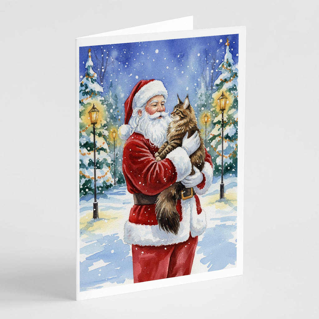 MaineCoon Brown Tabby Cat with Santa Claus Greeting Cards Pack of 8 Blank Cards with Envelopes Whimsical A7 Size 5x7