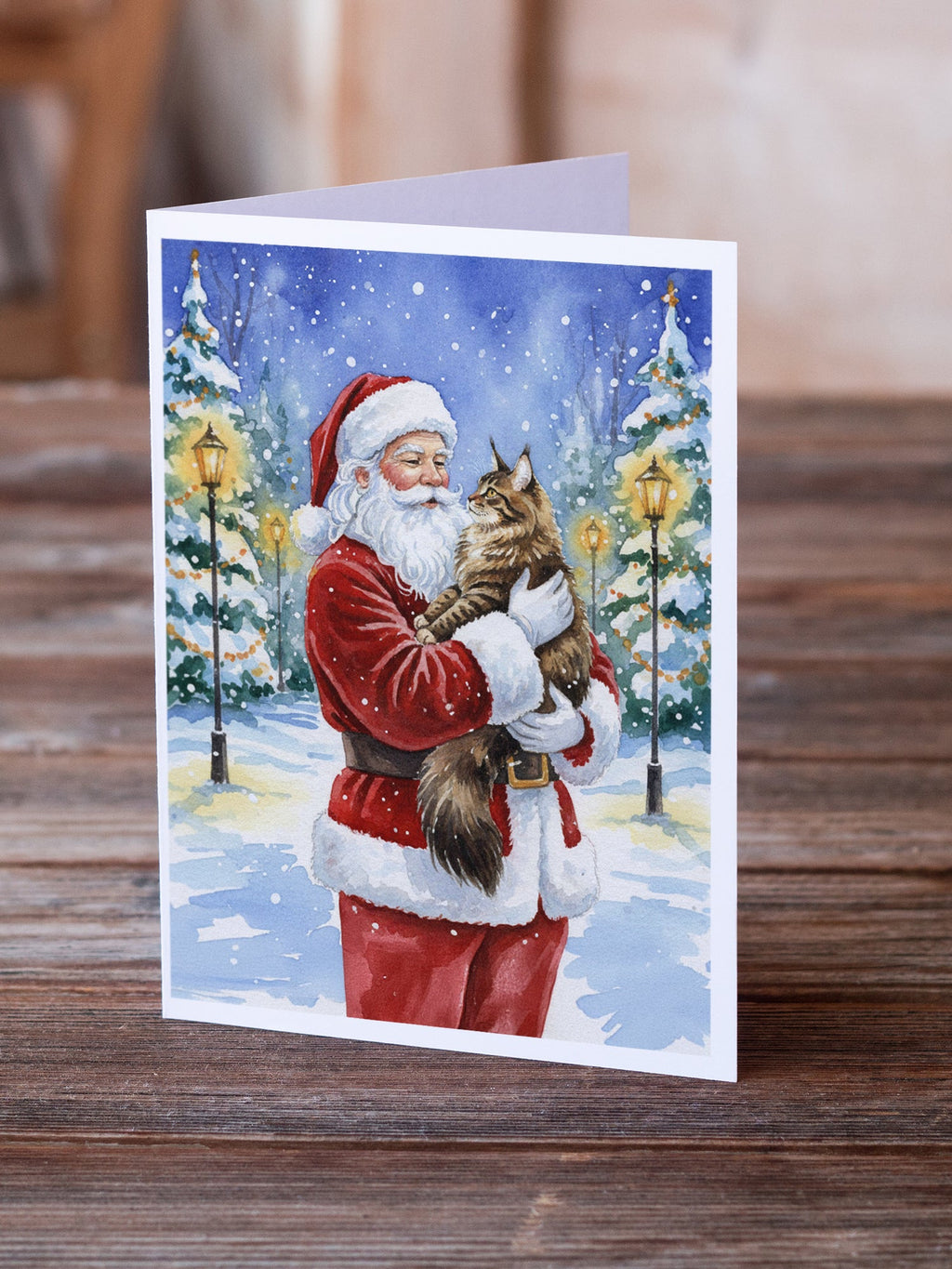 MaineCoon Brown Tabby Cat with Santa Claus Greeting Cards Pack of 8 Blank Cards with Envelopes Whimsical A7 Size 5x7