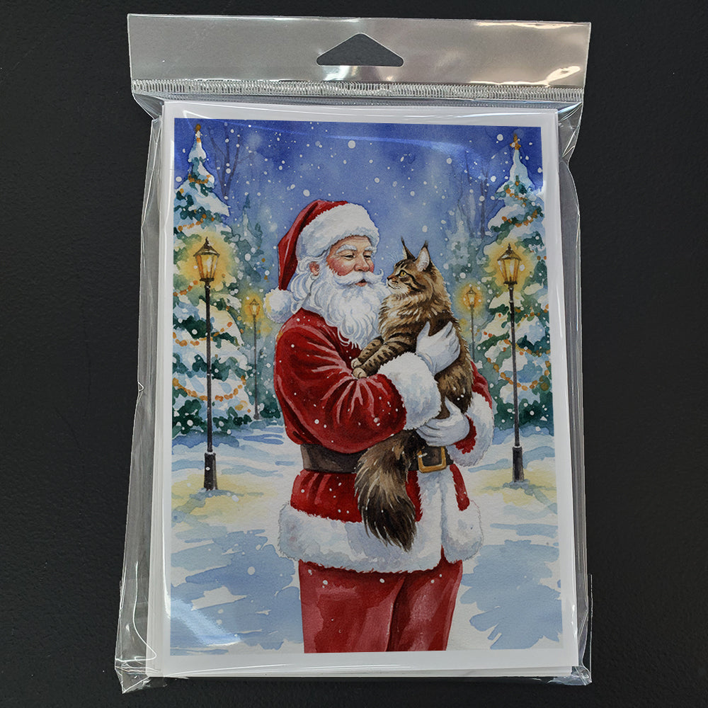 MaineCoon Brown Tabby Cat with Santa Claus Greeting Cards Pack of 8 Blank Cards with Envelopes Whimsical A7 Size 5x7