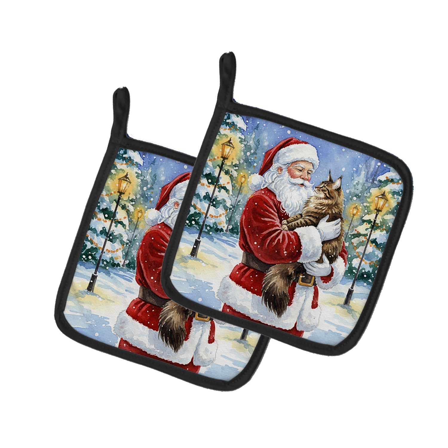 MaineCoon Brown Tabby Cat with Santa Claus Pot Holder Set of 2 Heat Resistant Quilted Hot Pads 7.5 x 7.5 Inch, Insulated Kitchen Trivets for Cooking & Baking