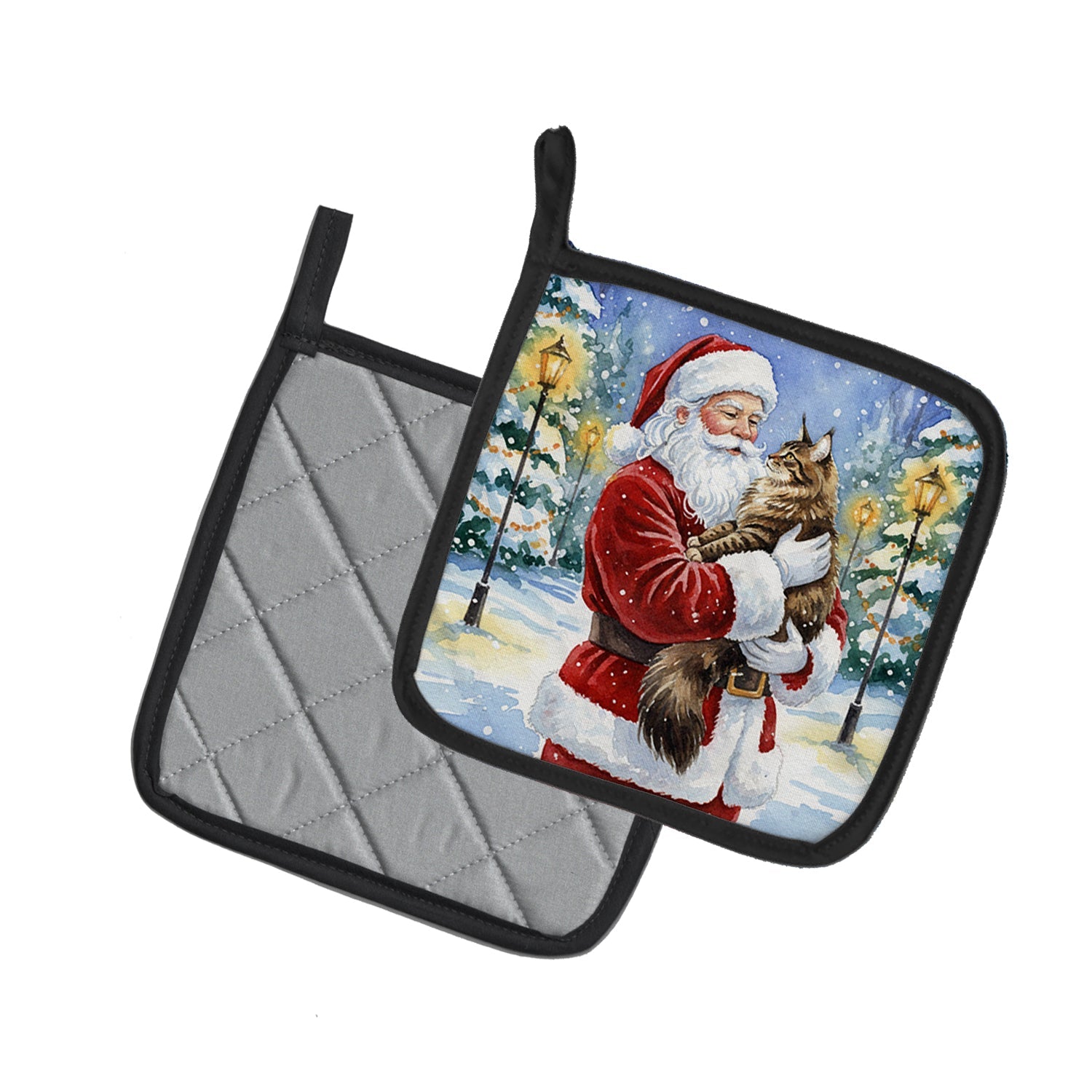 MaineCoon Brown Tabby Cat with Santa Claus Pot Holder Set of 2 Heat Resistant Quilted Hot Pads 7.5 x 7.5 Inch, Insulated Kitchen Trivets for Cooking & Baking