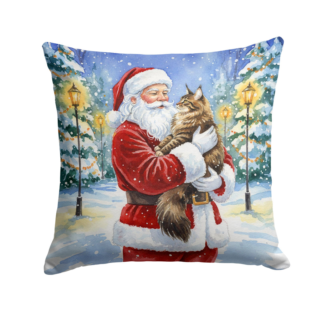 MaineCoon Brown Tabby Cat with Santa Claus Decorative Throw Pillow 14x14 Indoor Outdoor Accent Cushion, Fabric Cover with Insert for Sofa, Bed, Porch & Living Room