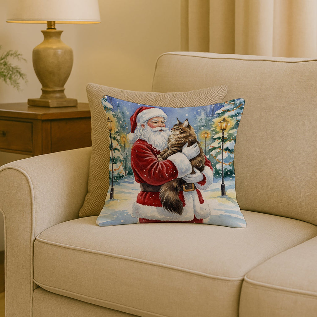 MaineCoon Brown Tabby Cat with Santa Claus Decorative Throw Pillow 18x18 Indoor Outdoor Accent Cushion, Fabric Cover with Insert for Sofa, Bed, Porch & Living Room