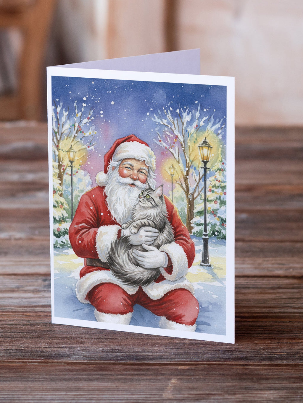 MaineCoon Silver Tabby Cat with Santa Claus Greeting Cards Pack of 8 Blank Cards with Envelopes Whimsical A7 Size 5x7