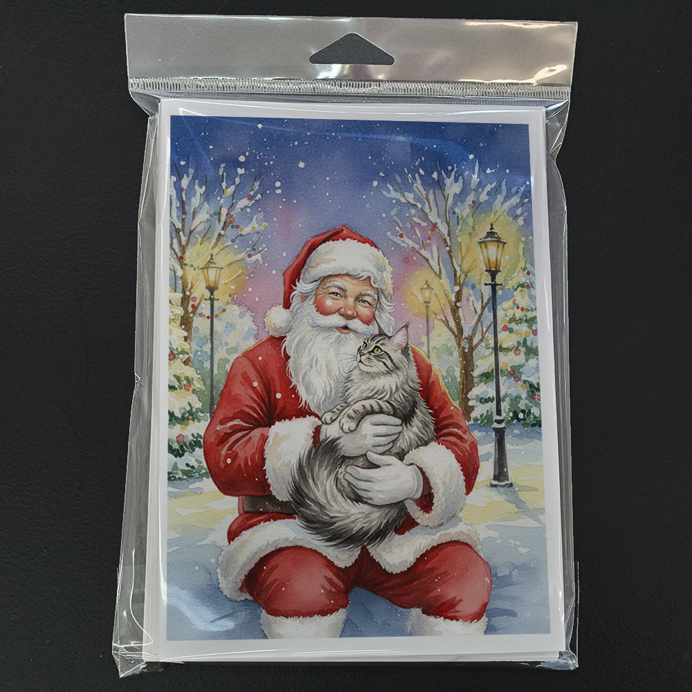MaineCoon Silver Tabby Cat with Santa Claus Greeting Cards Pack of 8 Blank Cards with Envelopes Whimsical A7 Size 5x7