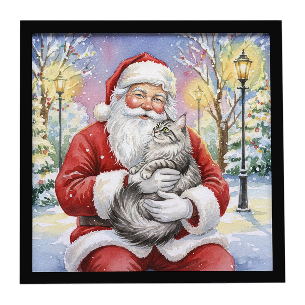 MaineCoon Silver Tabby Cat with Santa Claus Framed Metal Print Bathroom, Kitchen, Office, Home Decor Wall Art Ready to Hang, Square, 8X8