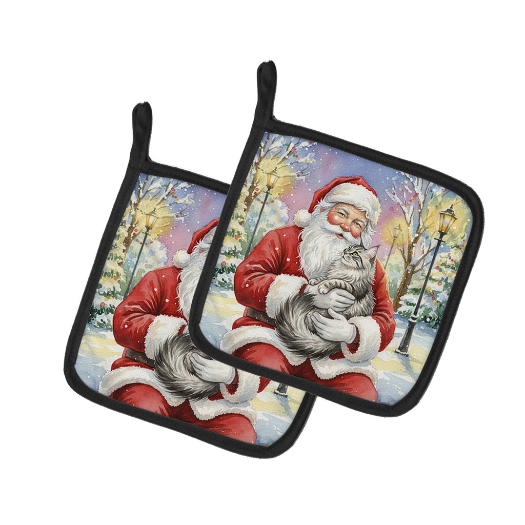 MaineCoon Silver Tabby Cat with Santa Claus Pot Holder Set of 2 Heat Resistant Quilted Hot Pads 7.5 x 7.5 Inch, Insulated Kitchen Trivets for Cooking & Baking