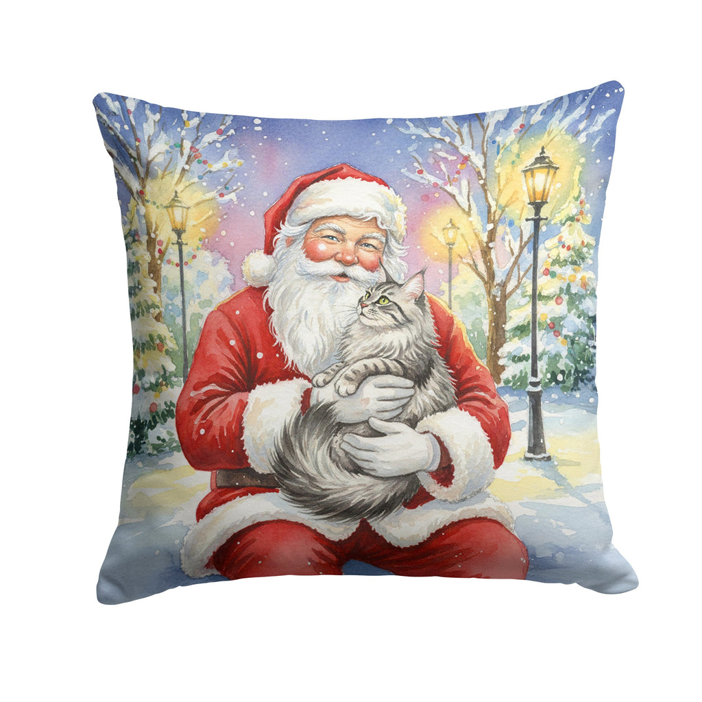 MaineCoon Silver Tabby Cat with Santa Claus Decorative Throw Pillow 14x14 Indoor Outdoor Accent Cushion, Fabric Cover with Insert for Sofa, Bed, Porch & Living Room