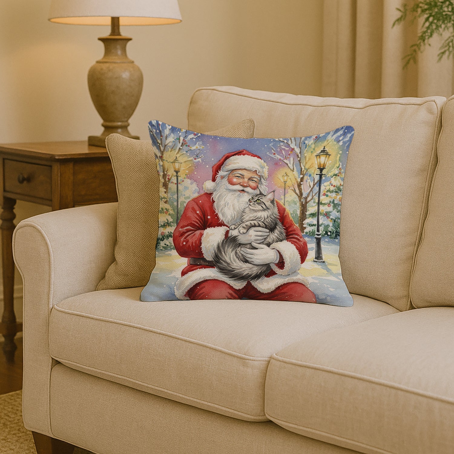 MaineCoon Silver Tabby Cat with Santa Claus Decorative Throw Pillow 14x14 Indoor Outdoor Accent Cushion, Fabric Cover with Insert for Sofa, Bed, Porch & Living Room