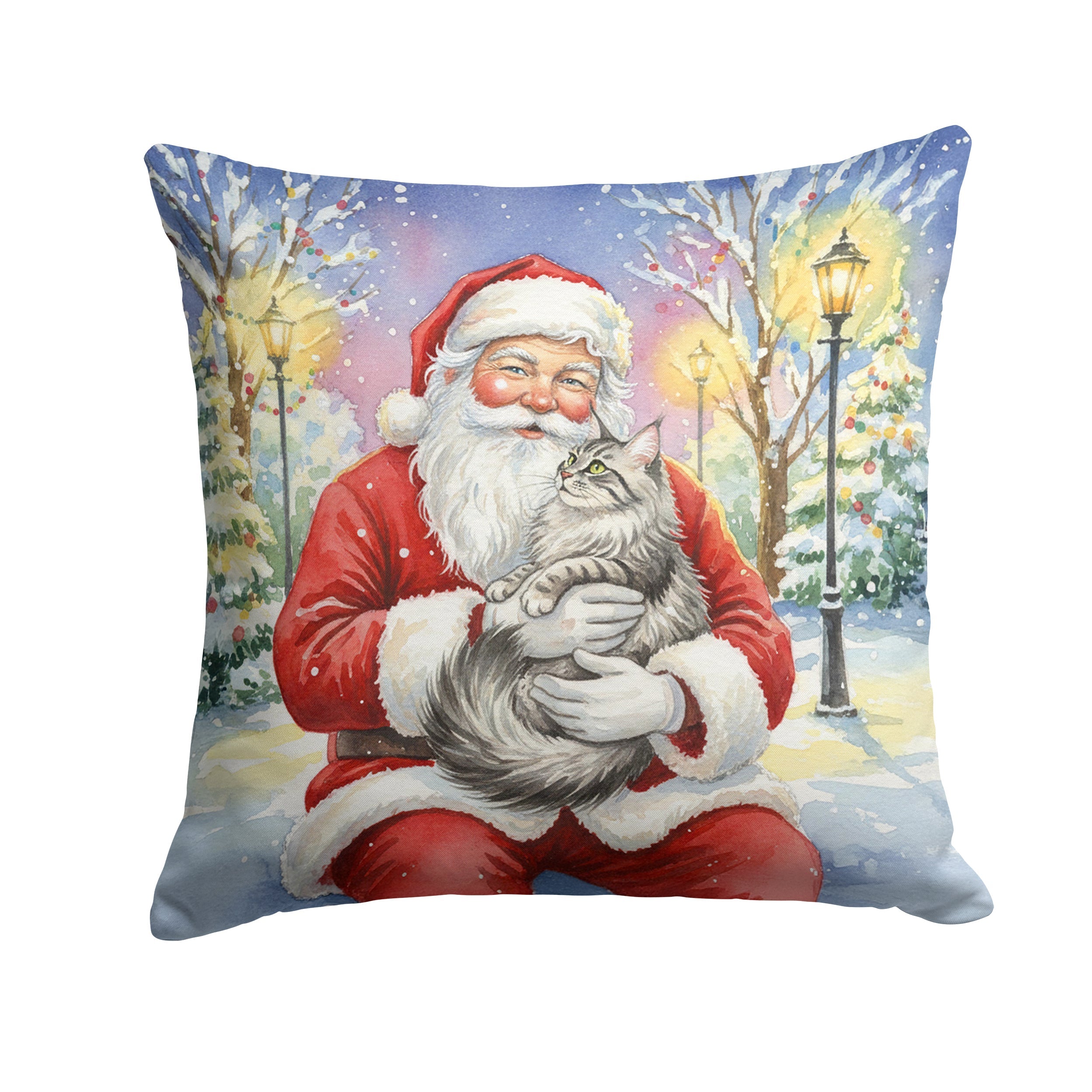 MaineCoon Silver Tabby Cat with Santa Claus Decorative Throw Pillow 18x18 Indoor Outdoor Accent Cushion, Fabric Cover with Insert for Sofa, Bed, Porch & Living Room