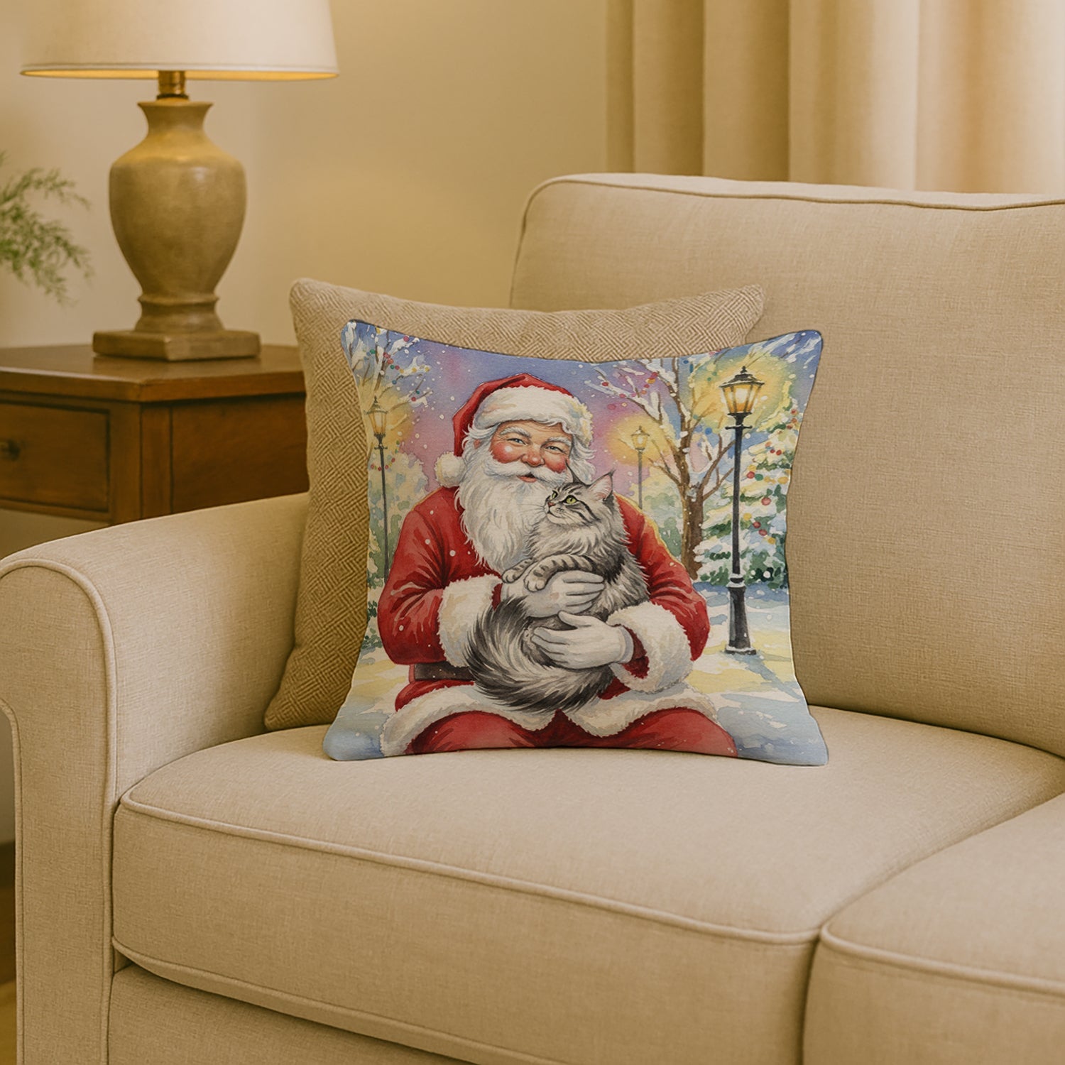 MaineCoon Silver Tabby Cat with Santa Claus Decorative Throw Pillow 18x18 Indoor Outdoor Accent Cushion, Fabric Cover with Insert for Sofa, Bed, Porch & Living Room
