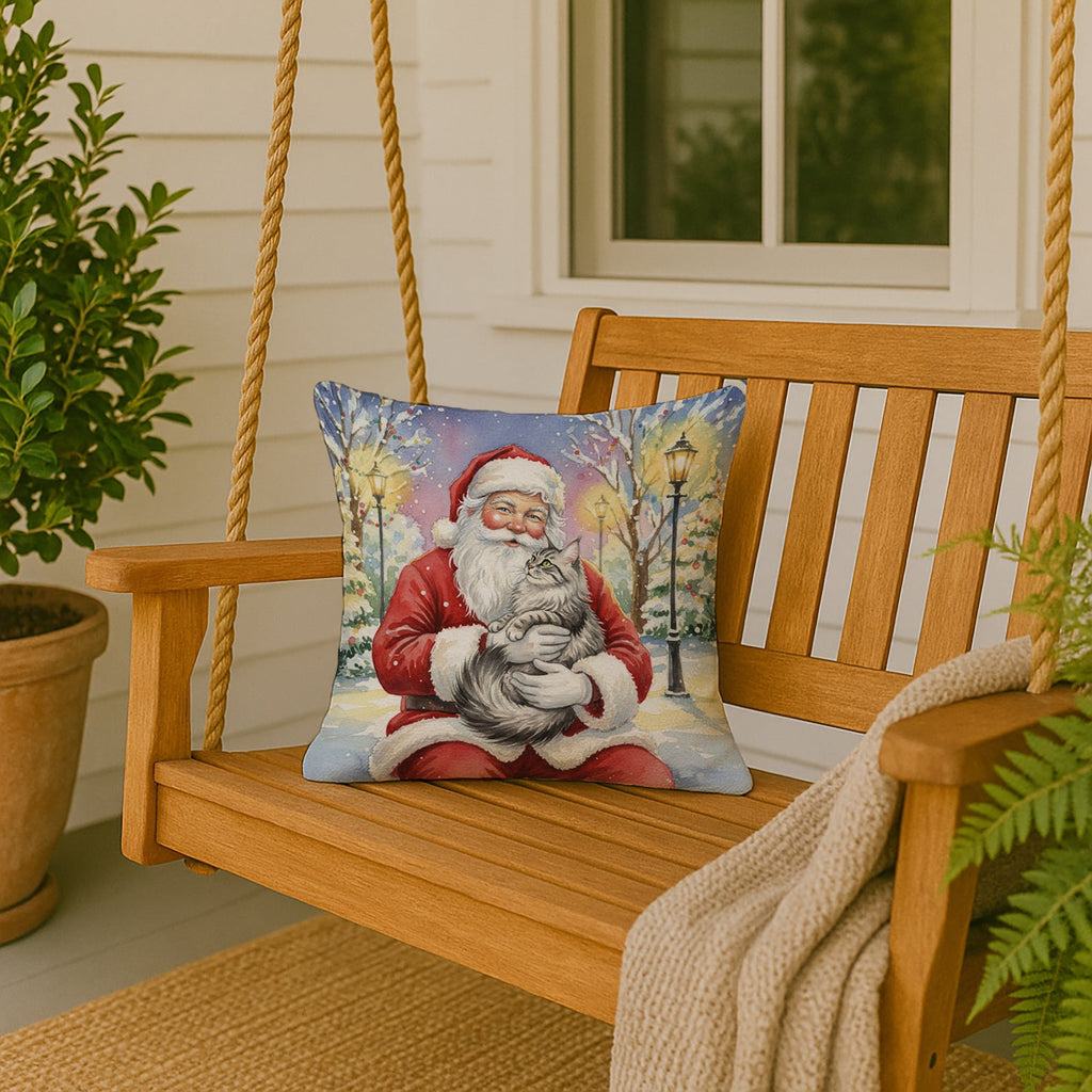 MaineCoon Silver Tabby Cat with Santa Claus Decorative Throw Pillow 18x18 Indoor Outdoor Accent Cushion, Fabric Cover with Insert for Sofa, Bed, Porch & Living Room