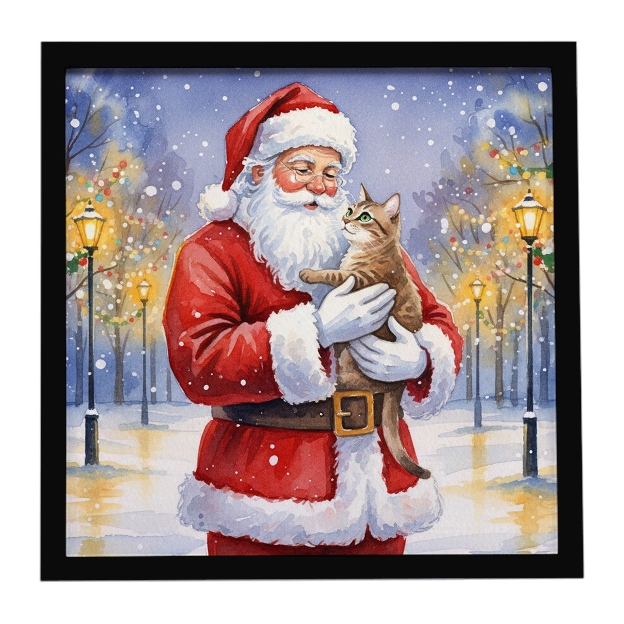 Malayan Cat with Santa Claus Framed Metal Print Bathroom, Kitchen, Office, Home Decor Wall Art Ready to Hang, Square, 8X8