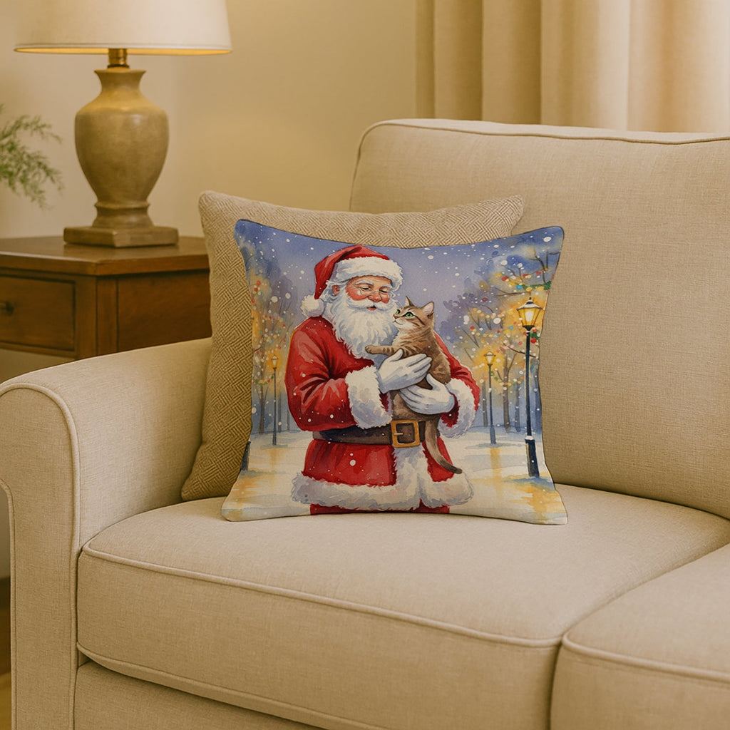 Malayan Cat with Santa Claus Decorative Throw Pillow 18x18 Indoor Outdoor Accent Cushion, Fabric Cover with Insert for Sofa, Bed, Porch & Living Room