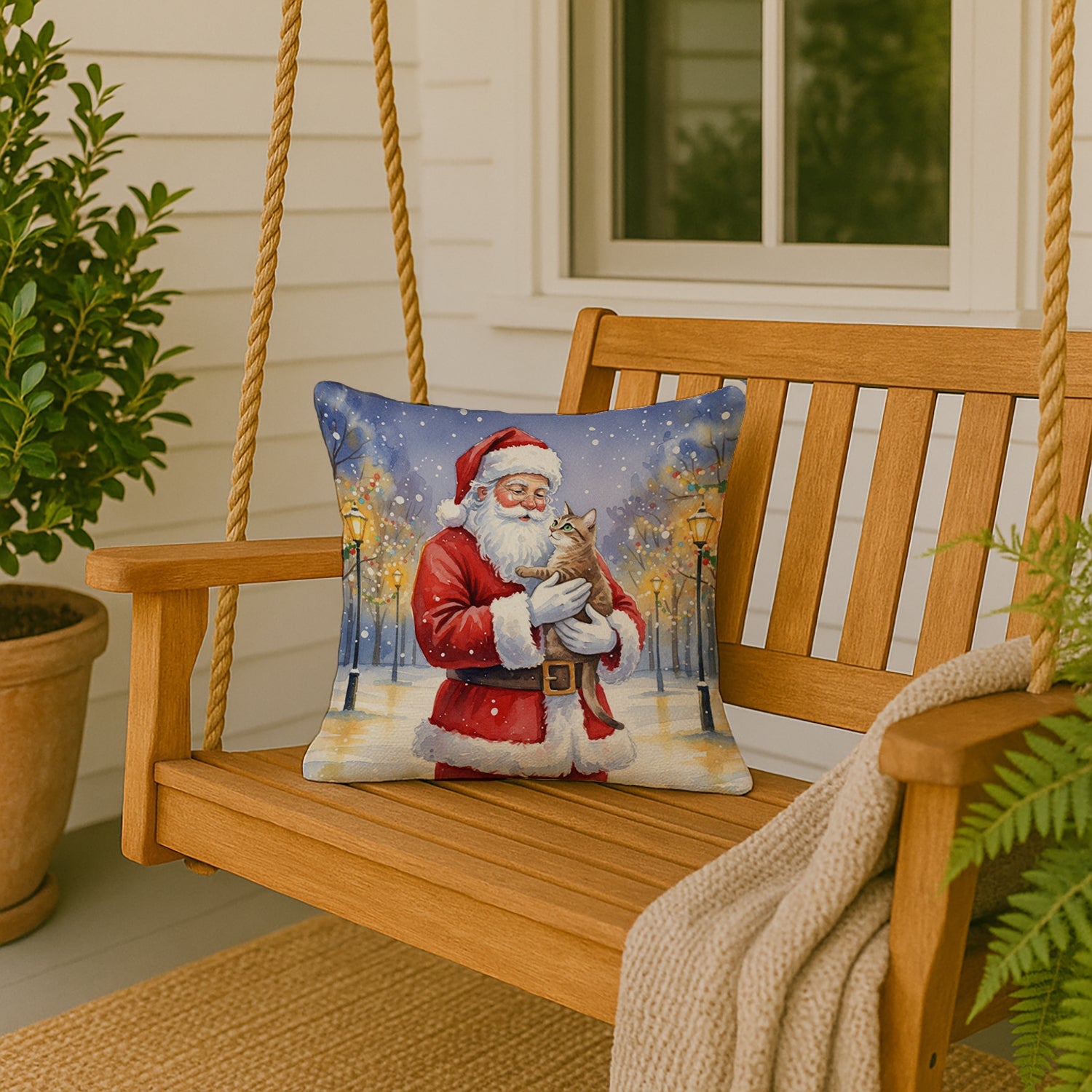 Malayan Cat with Santa Claus Decorative Throw Pillow 18x18 Indoor Outdoor Accent Cushion, Fabric Cover with Insert for Sofa, Bed, Porch & Living Room