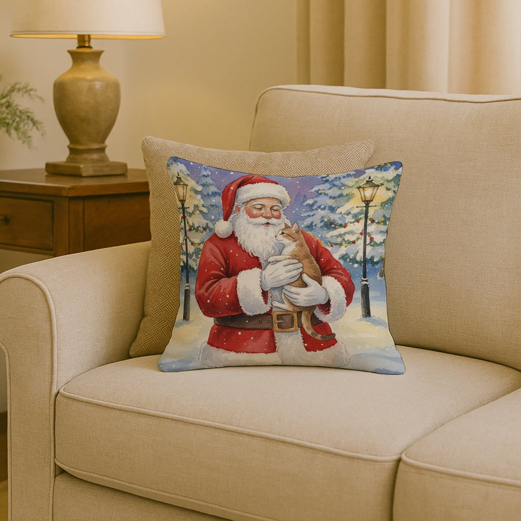 Manx Cat with Santa Claus Decorative Throw Pillow 18x18 Indoor Outdoor Accent Cushion, Fabric Cover with Insert for Sofa, Bed, Porch & Living Room