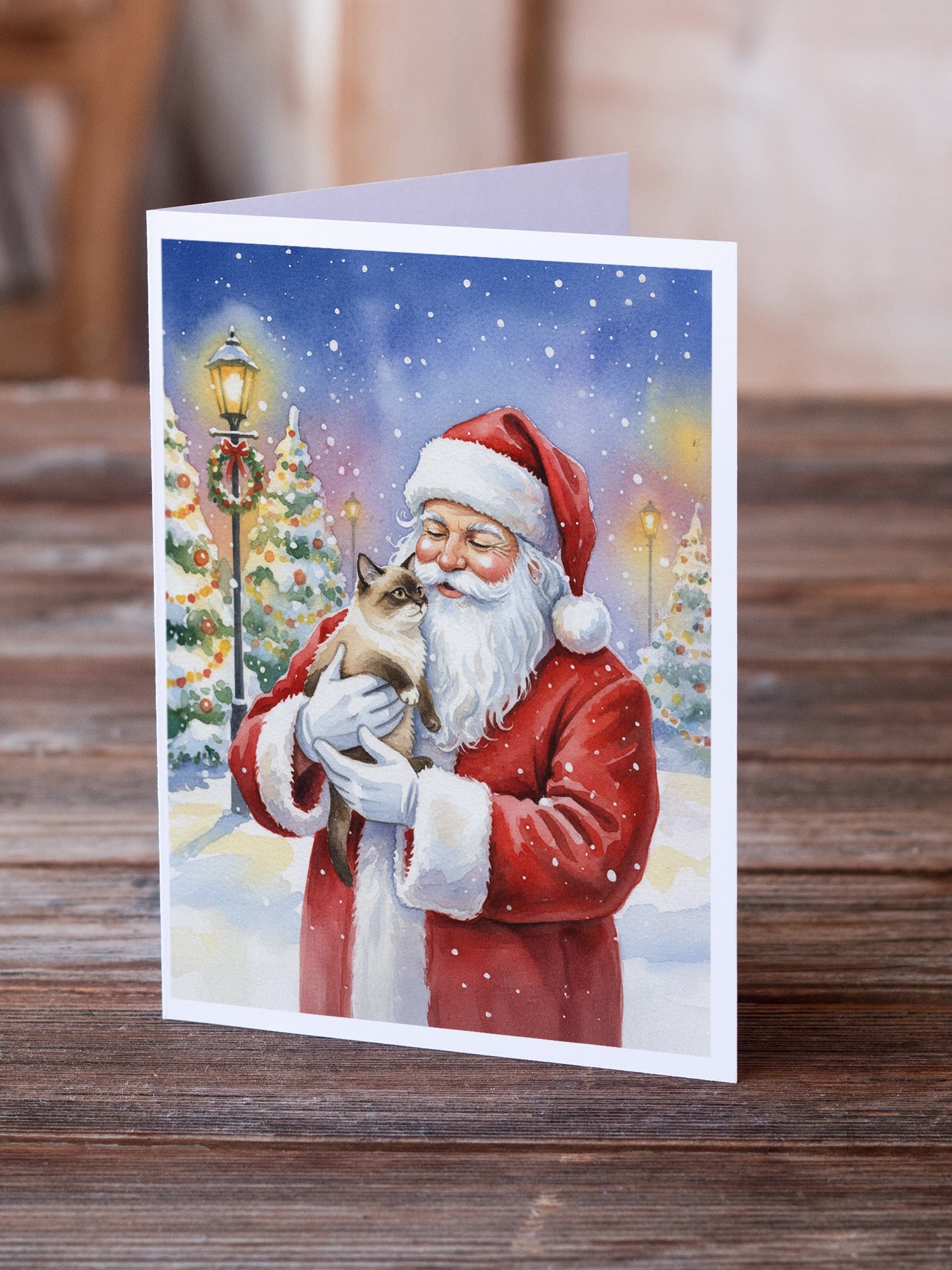 Mekong Bobtail Cat with Santa Claus Greeting Cards Pack of 8 Blank Cards with Envelopes Whimsical A7 Size 5x7