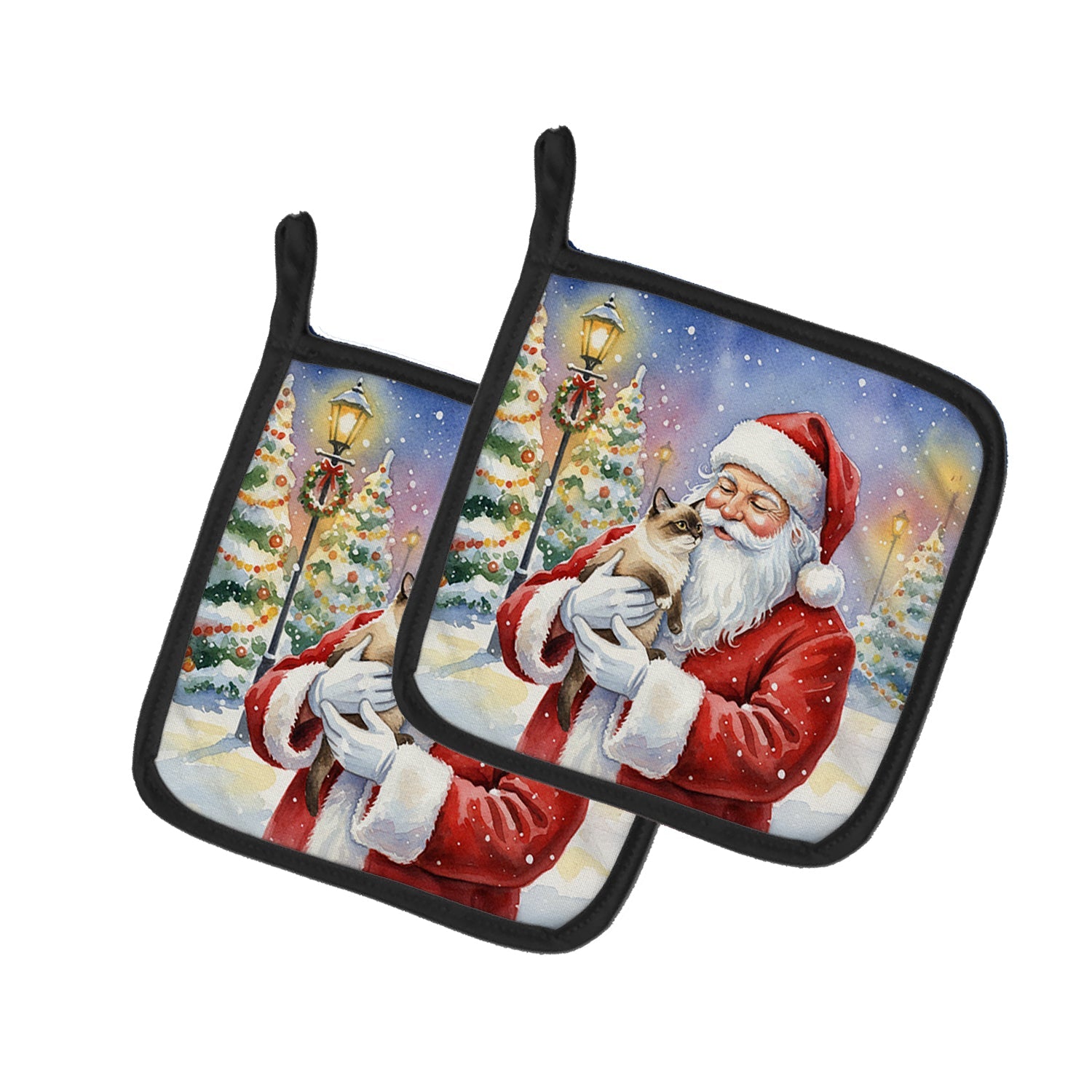 Mekong Bobtail Cat with Santa Claus Pot Holder Set of 2 Heat Resistant Quilted Hot Pads 7.5 x 7.5 Inch, Insulated Kitchen Trivets for Cooking & Baking