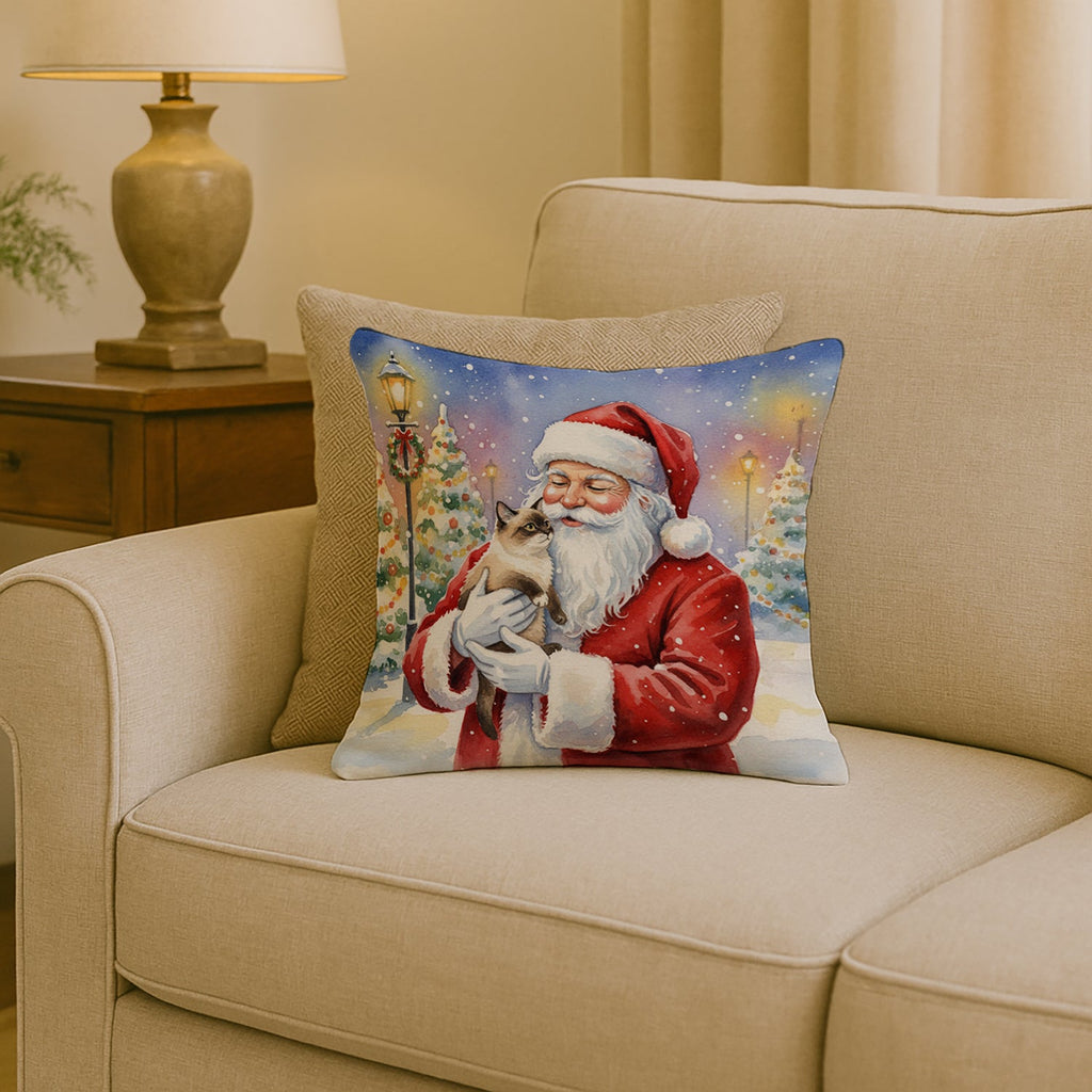Mekong Bobtail Cat with Santa Claus Decorative Throw Pillow 18x18 Indoor Outdoor Accent Cushion, Fabric Cover with Insert for Sofa, Bed, Porch & Living Room