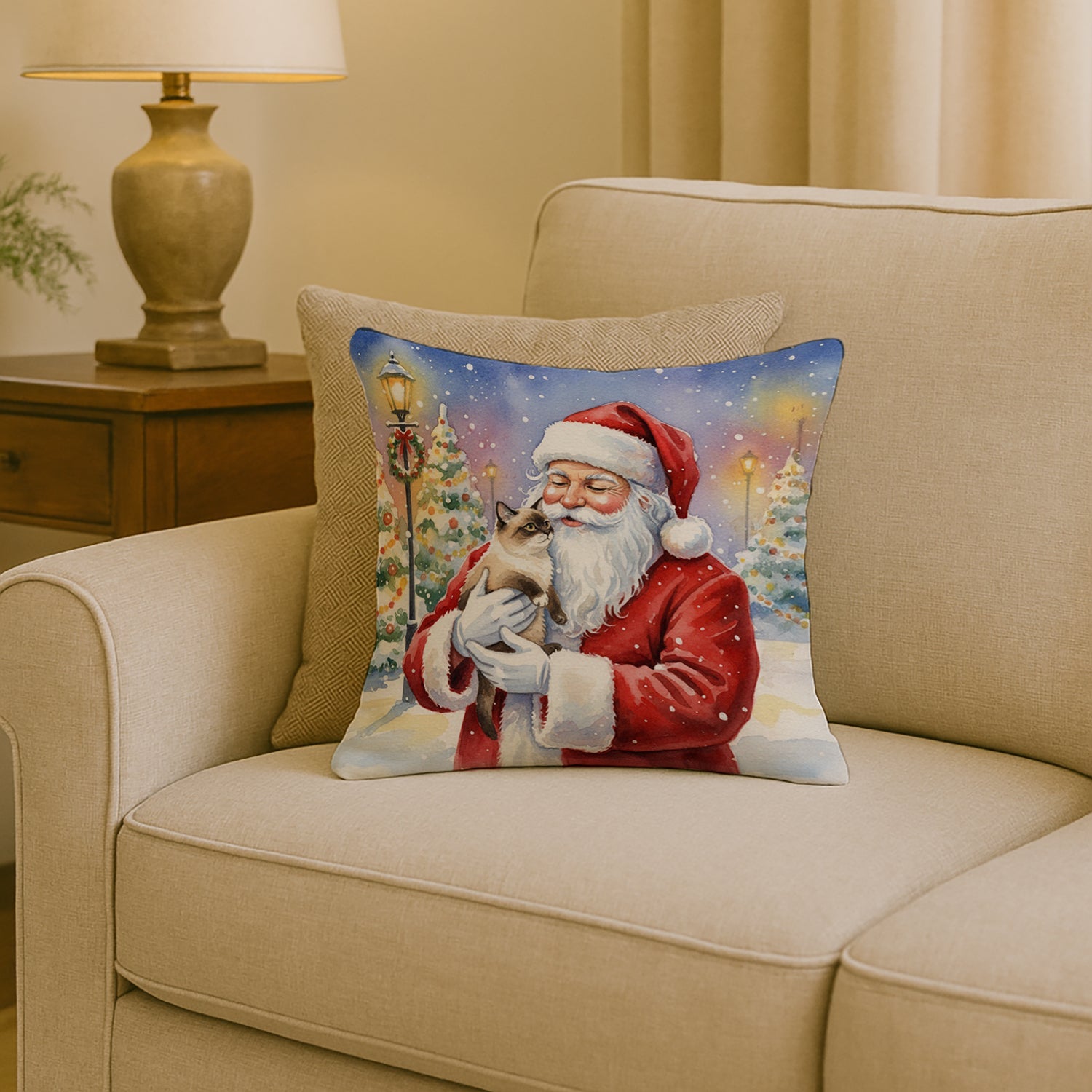 Mekong Bobtail Cat with Santa Claus Decorative Throw Pillow 18x18 Indoor Outdoor Accent Cushion, Fabric Cover with Insert for Sofa, Bed, Porch & Living Room