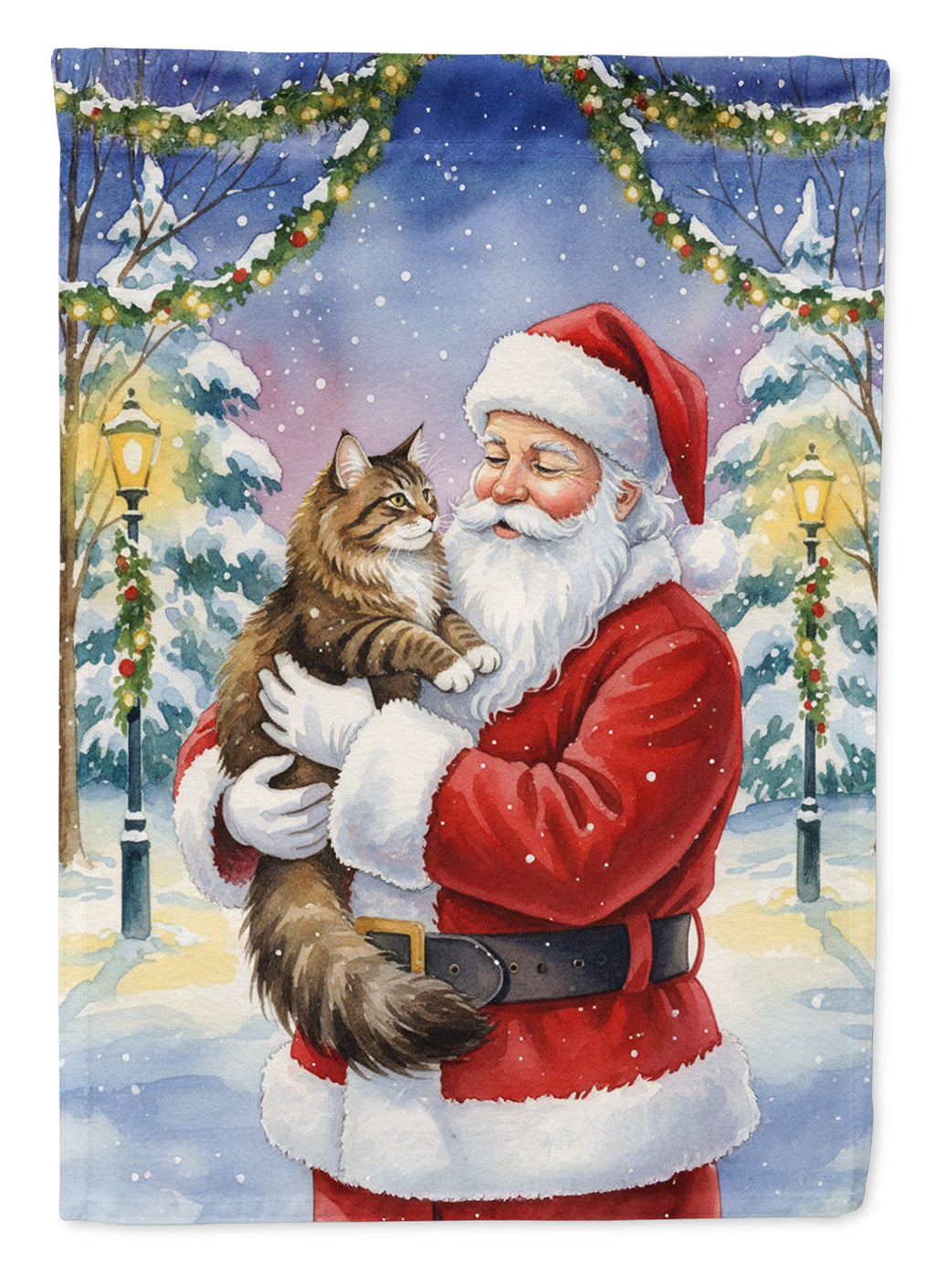 Norwegian Forest Cat Brown Tabby with Santa Claus House Flag 28x40 Porch Sleeve Pole Decorative Outside Yard Banner Artwork Wall Hanging, Polyester