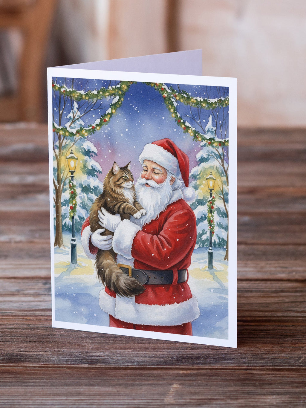 Norwegian Forest Cat Brown Tabby with Santa Claus Greeting Cards Pack of 8 Blank Cards with Envelopes Whimsical A7 Size 5x7