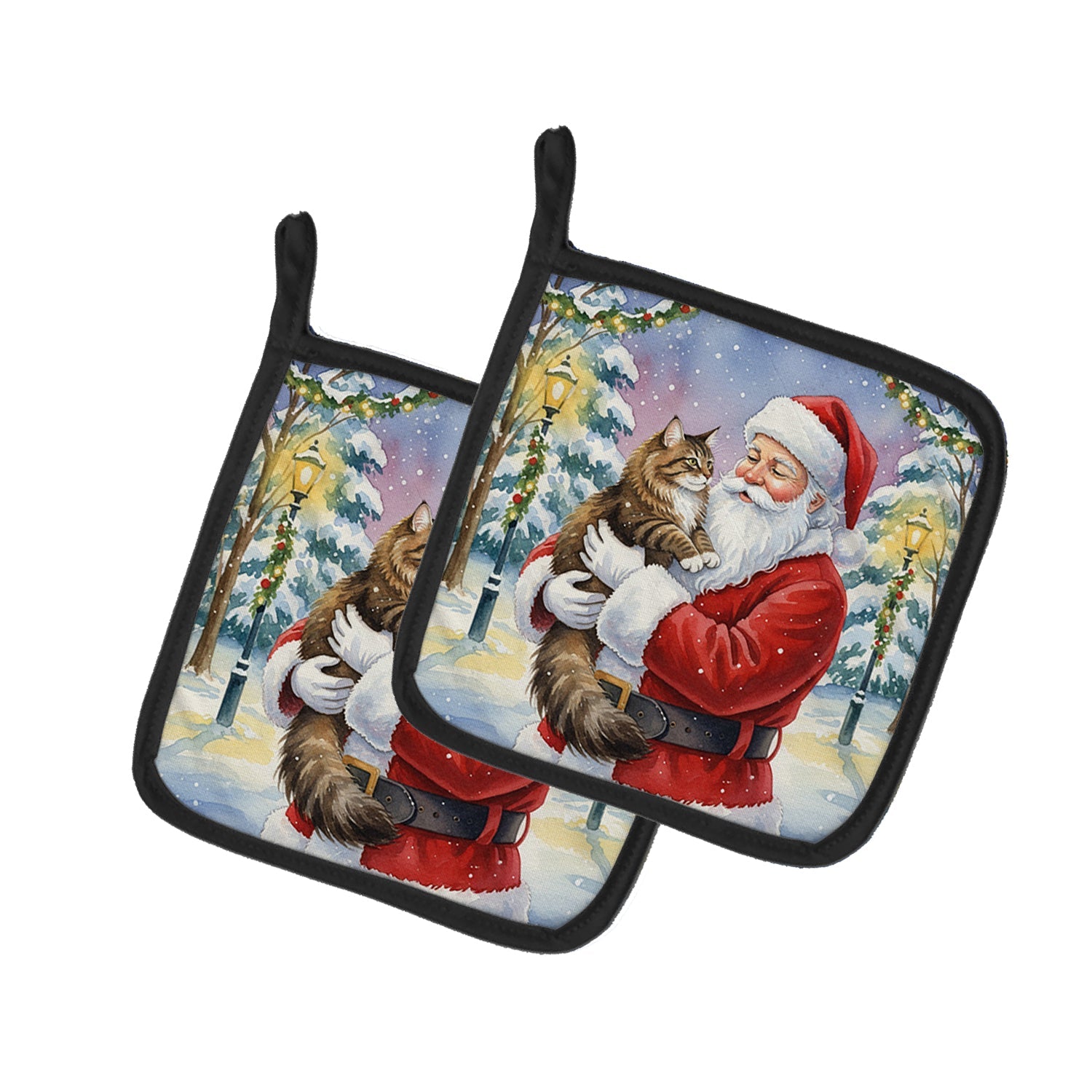 Norwegian Forest Cat Brown Tabby with Santa Claus Pot Holder Set of 2 Heat Resistant Quilted Hot Pads 7.5 x 7.5 Inch, Insulated Kitchen Trivets for Cooking & Baking