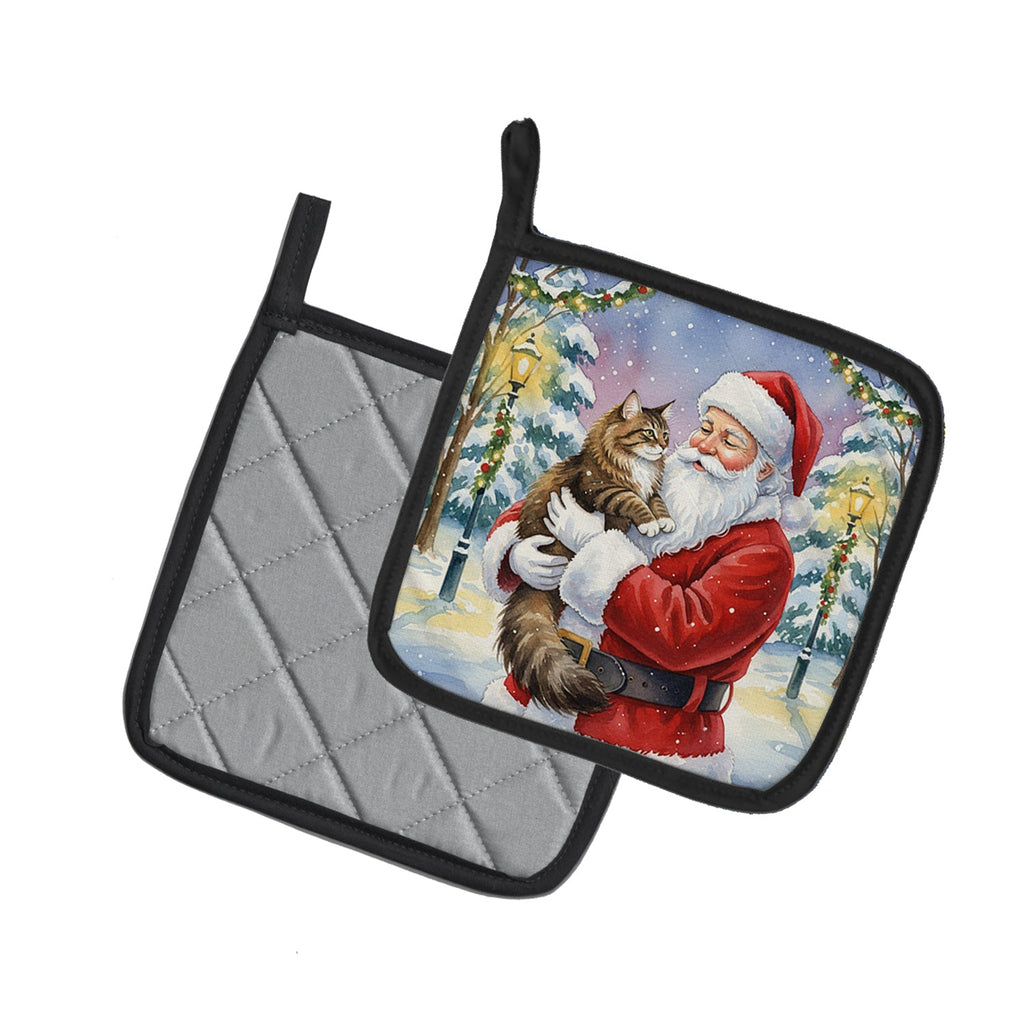 Norwegian Forest Cat Brown Tabby with Santa Claus Pot Holder Set of 2 Heat Resistant Quilted Hot Pads 7.5 x 7.5 Inch, Insulated Kitchen Trivets for Cooking & Baking