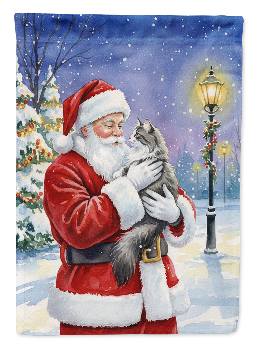 Norwegian Forest Cat Gray and White with Santa Claus House Flag 28x40 Porch Sleeve Pole Decorative Outside Yard Banner Artwork Wall Hanging, Polyester