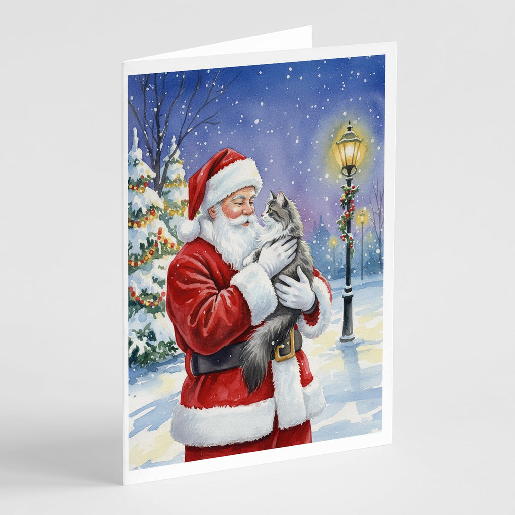 Norwegian Forest Cat Gray and White with Santa Claus Greeting Cards Pack of 8 Blank Cards with Envelopes Whimsical A7 Size 5x7