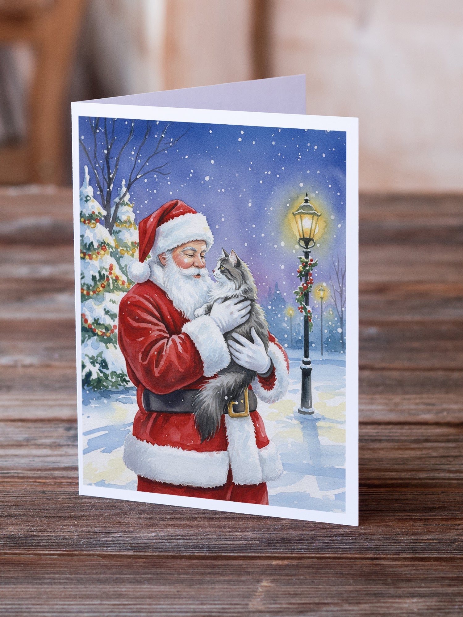 Norwegian Forest Cat Gray and White with Santa Claus Greeting Cards Pack of 8 Blank Cards with Envelopes Whimsical A7 Size 5x7