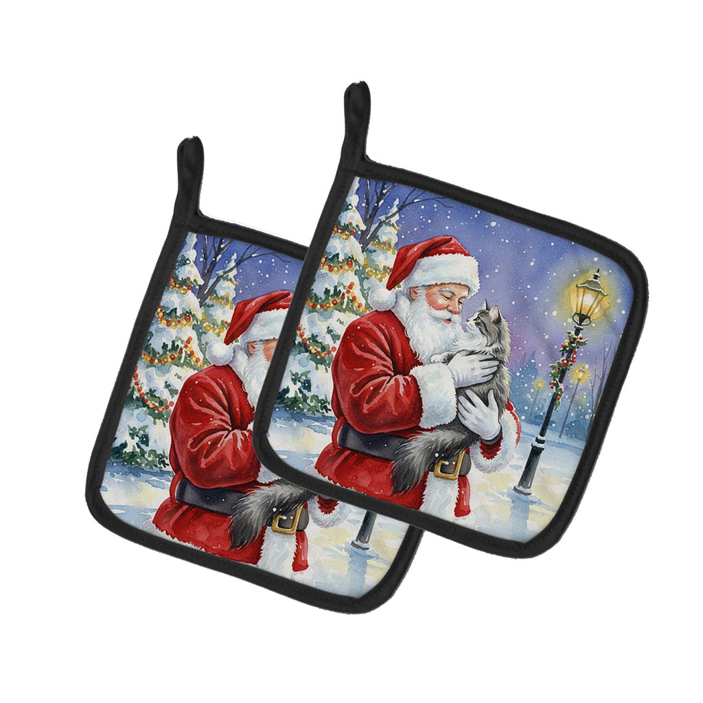 Norwegian Forest Cat Gray and White with Santa Claus Pot Holder Set of 2 Heat Resistant Quilted Hot Pads 7.5 x 7.5 Inch, Insulated Kitchen Trivets for Cooking & Baking