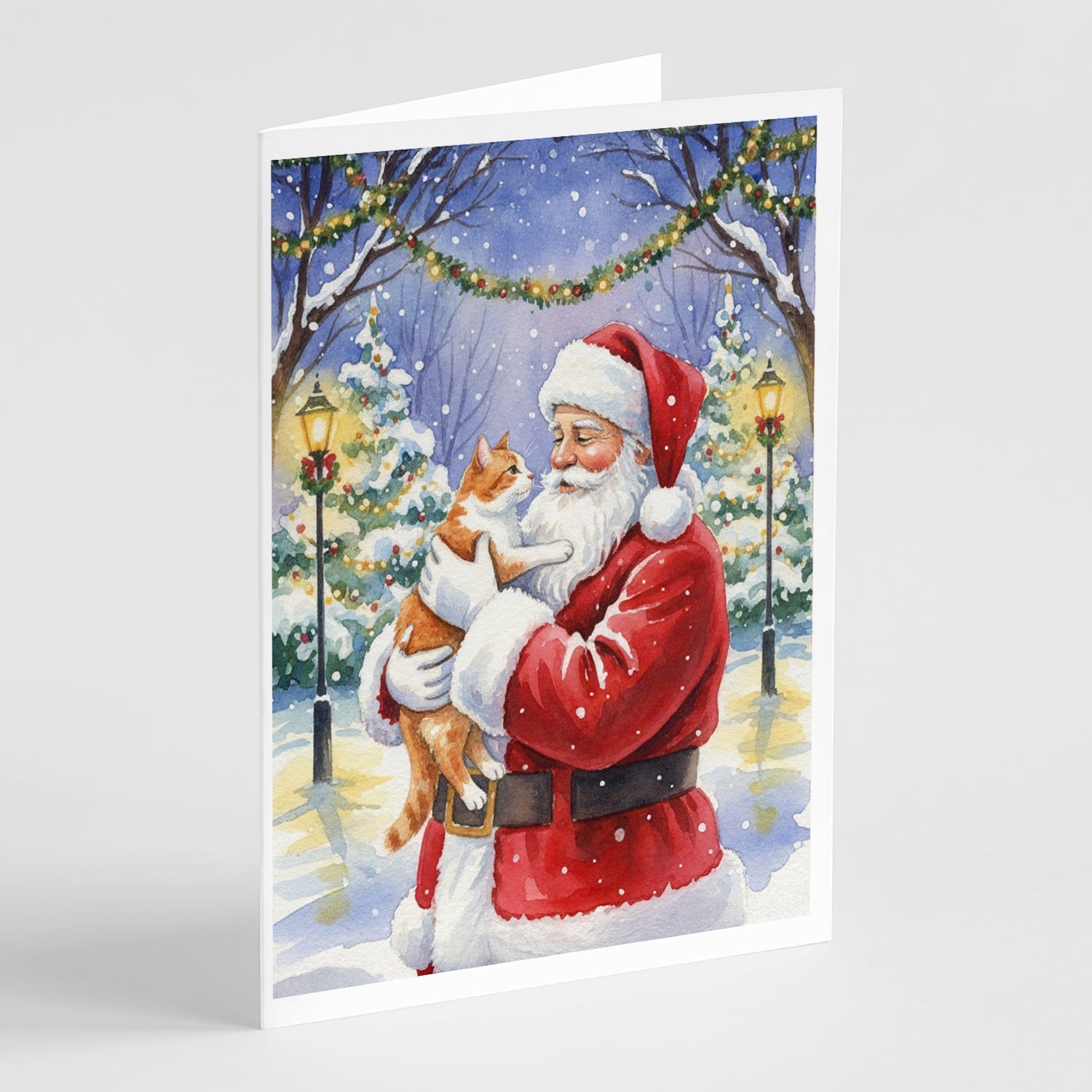 Orange and White Cat with Santa Claus Greeting Cards Pack of 8 Blank Cards with Envelopes Whimsical A7 Size 5x7