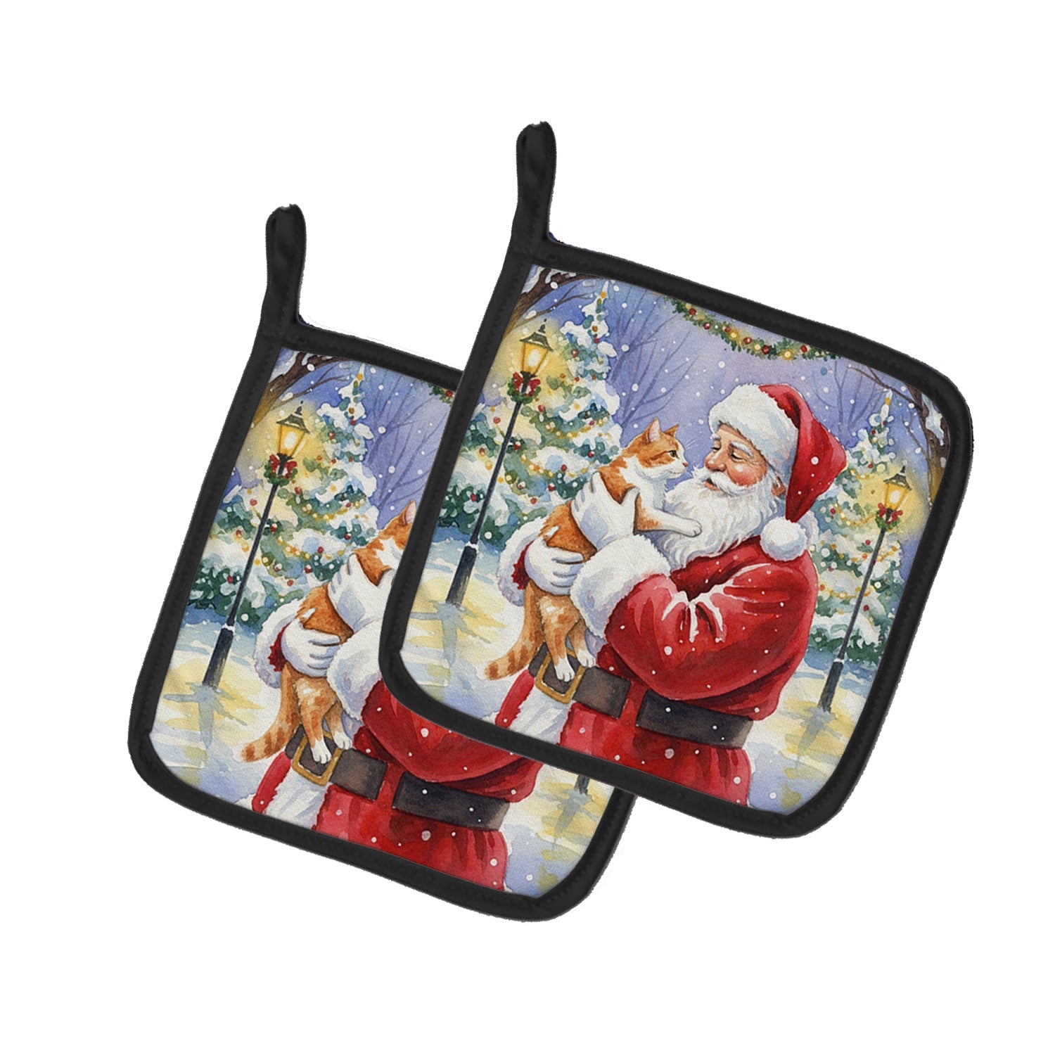 Orange and White Cat with Santa Claus Pot Holder Set of 2 Heat Resistant Quilted Hot Pads 7.5 x 7.5 Inch, Insulated Kitchen Trivets for Cooking & Baking