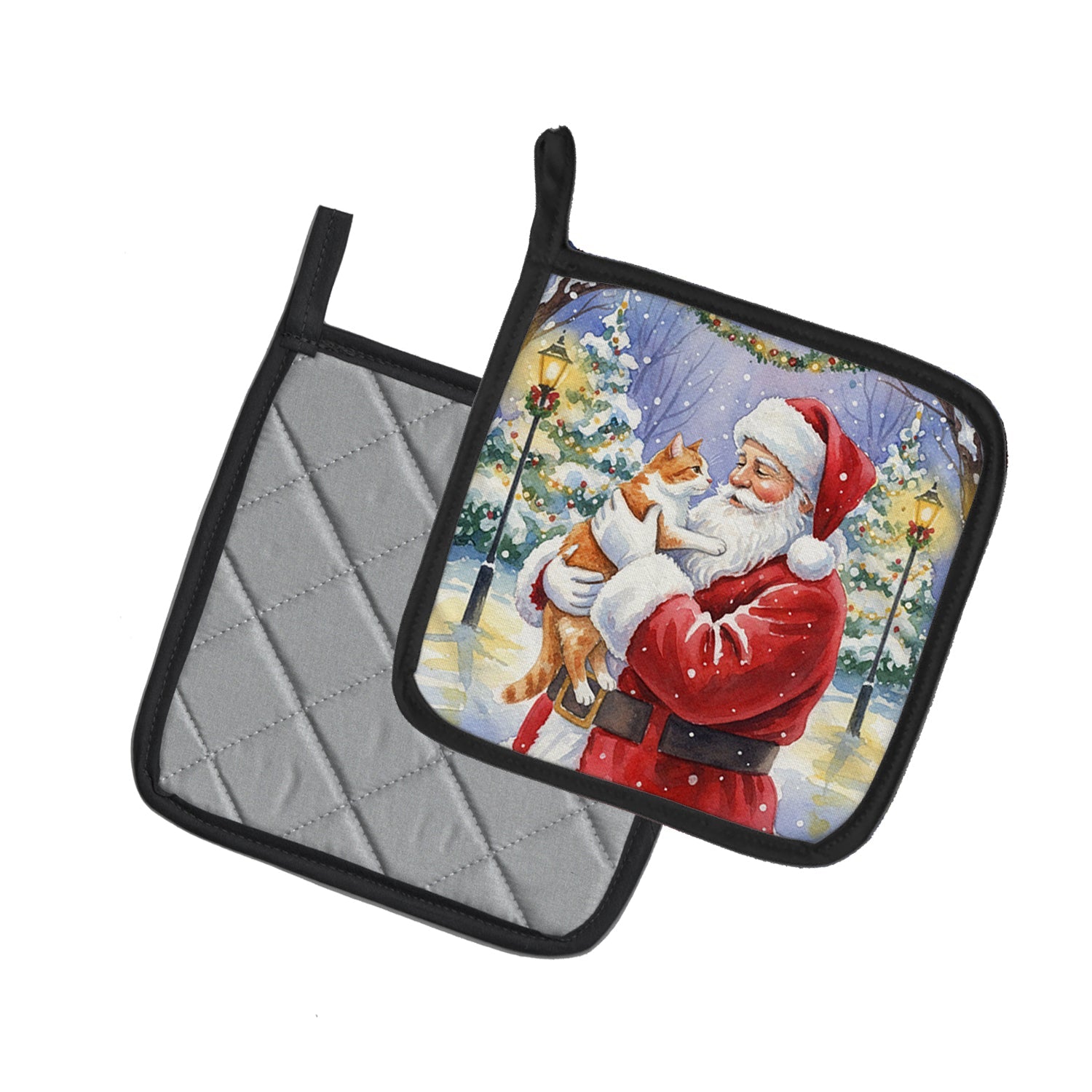 Orange and White Cat with Santa Claus Pot Holder Set of 2 Heat Resistant Quilted Hot Pads 7.5 x 7.5 Inch, Insulated Kitchen Trivets for Cooking & Baking
