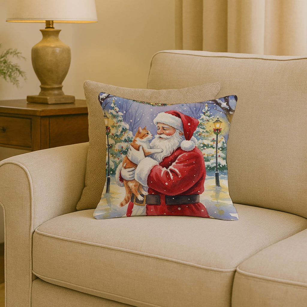 Orange and White Cat with Santa Claus Decorative Throw Pillow 18x18 Indoor Outdoor Accent Cushion, Fabric Cover with Insert for Sofa, Bed, Porch & Living Room